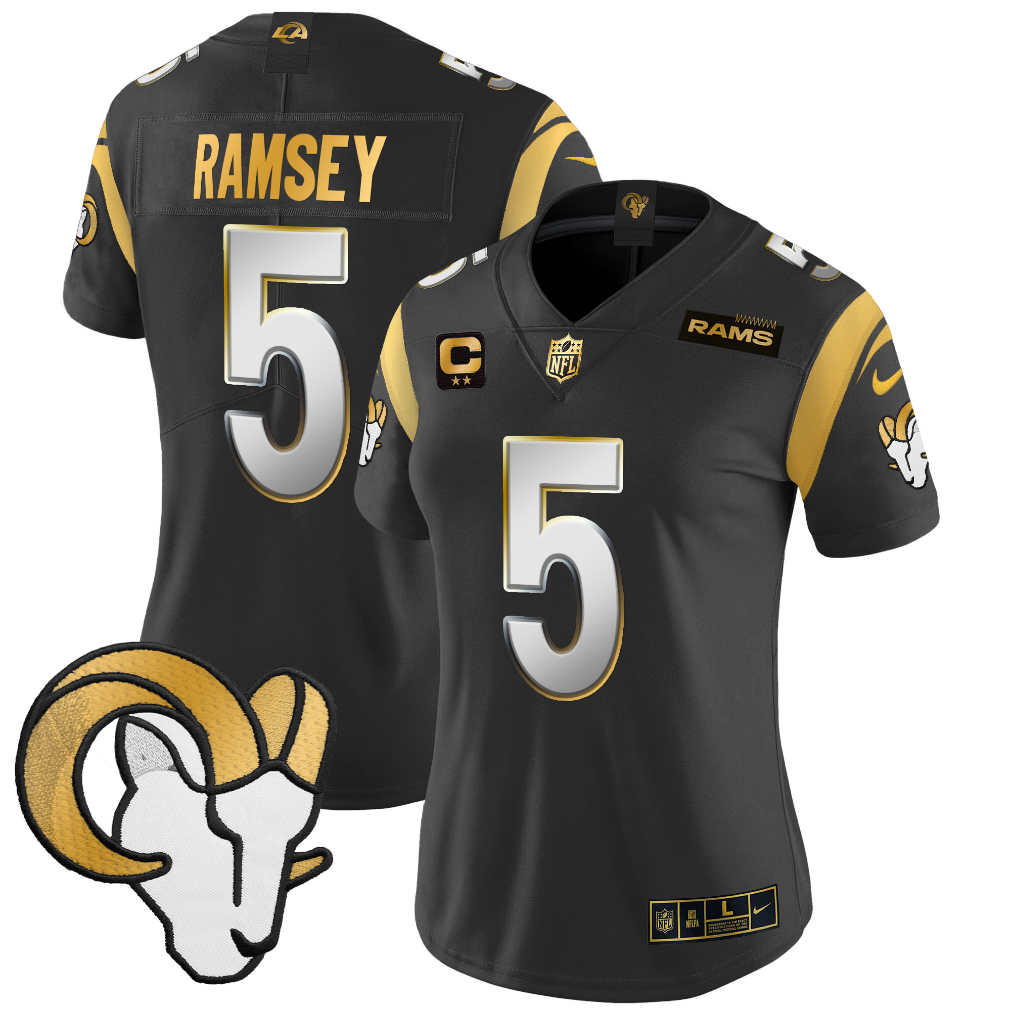 Jalen Ramsey Women's Los Angeles Rams 2024 Gold Vapor Limited Black Limited Jersey - All Stitched