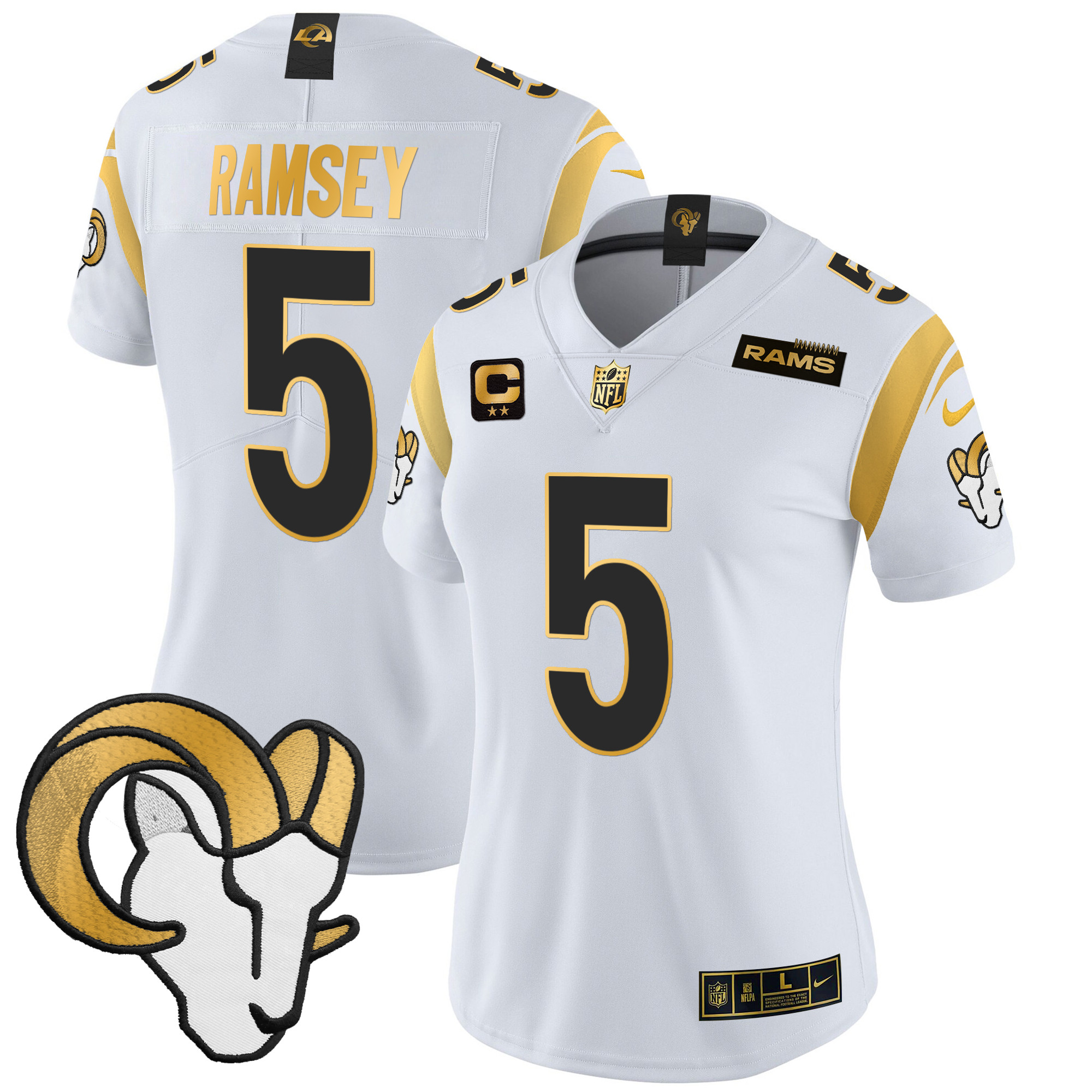 Jalen Ramsey Women's Los Angeles Rams 2024 Gold Vapor Limited White Gold Jersey - All Stitched