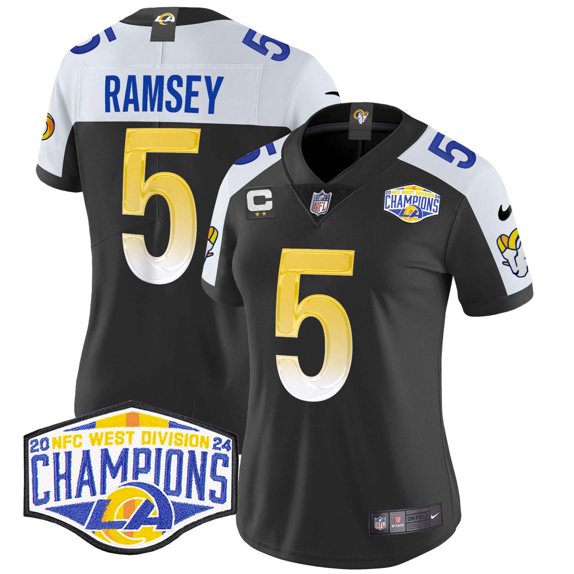 Jalen Ramsey Women's Los Angeles Rams 2024 NFC West Division Champions Vapor Limited Black Alternate Jersey - All Stitched