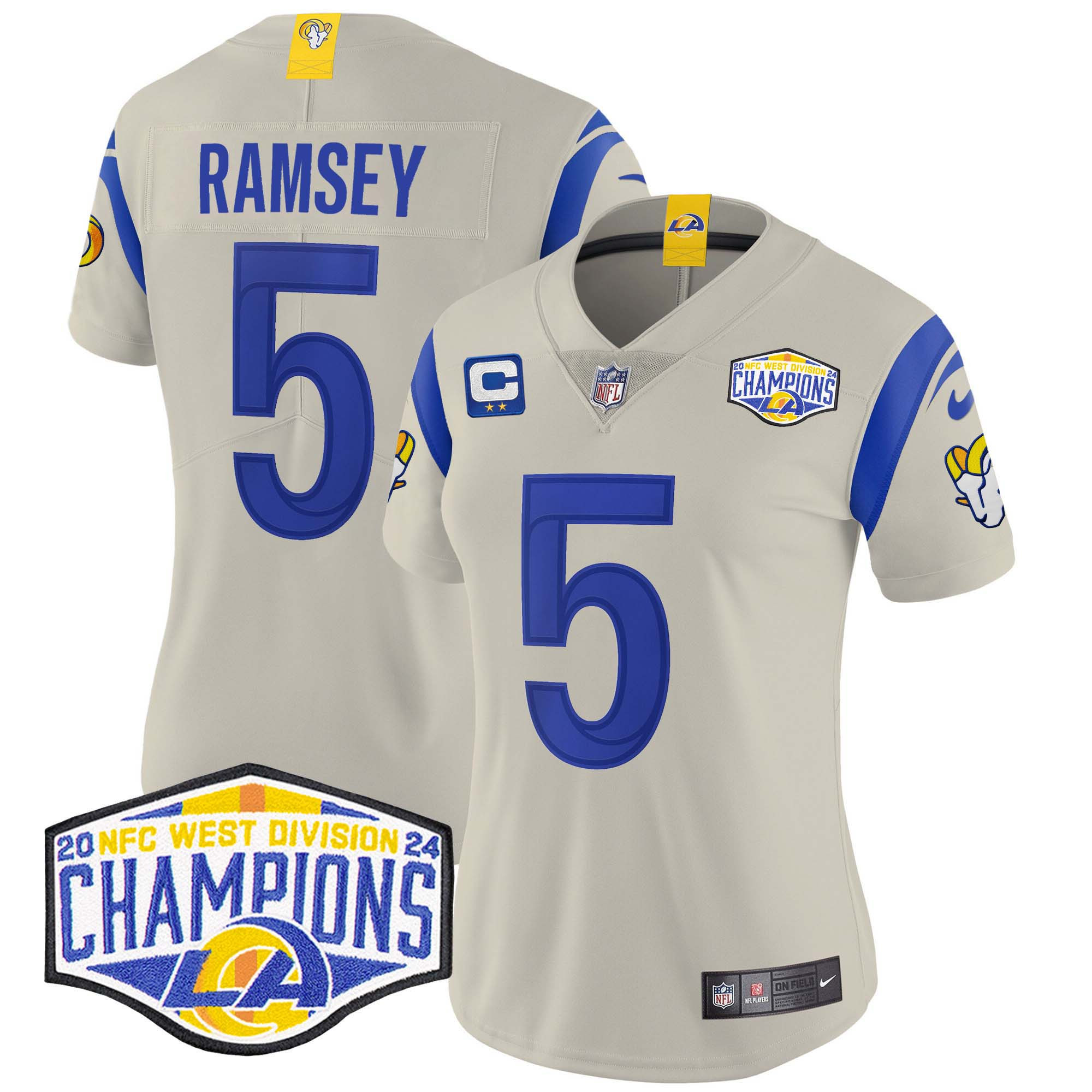 Jalen Ramsey Women's Los Angeles Rams 2024 NFC West Division Champions Vapor Limited Bone Jersey - All Stitched
