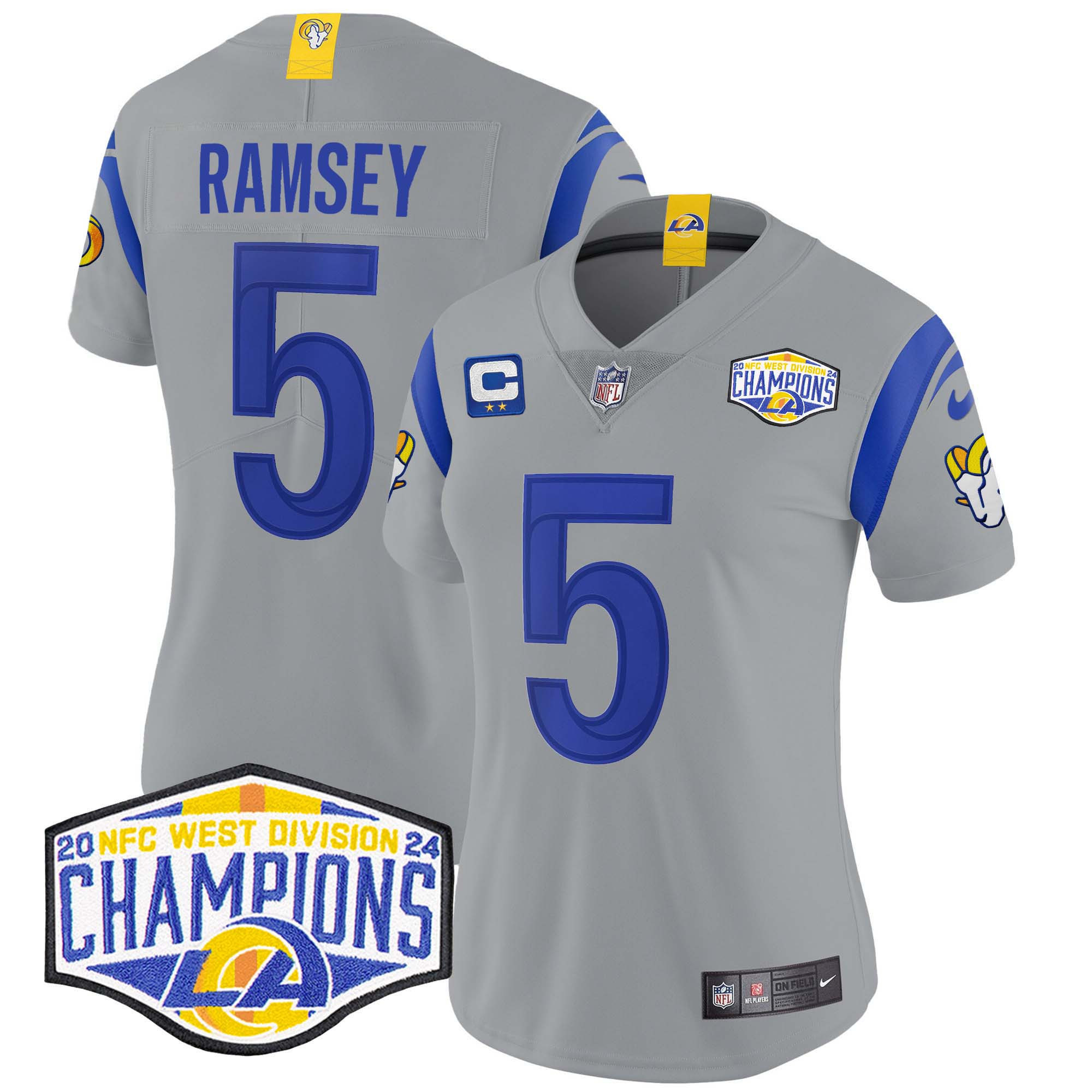 Jalen Ramsey Women's Los Angeles Rams 2024 NFC West Division Champions Vapor Limited Gray Jersey - All Stitched