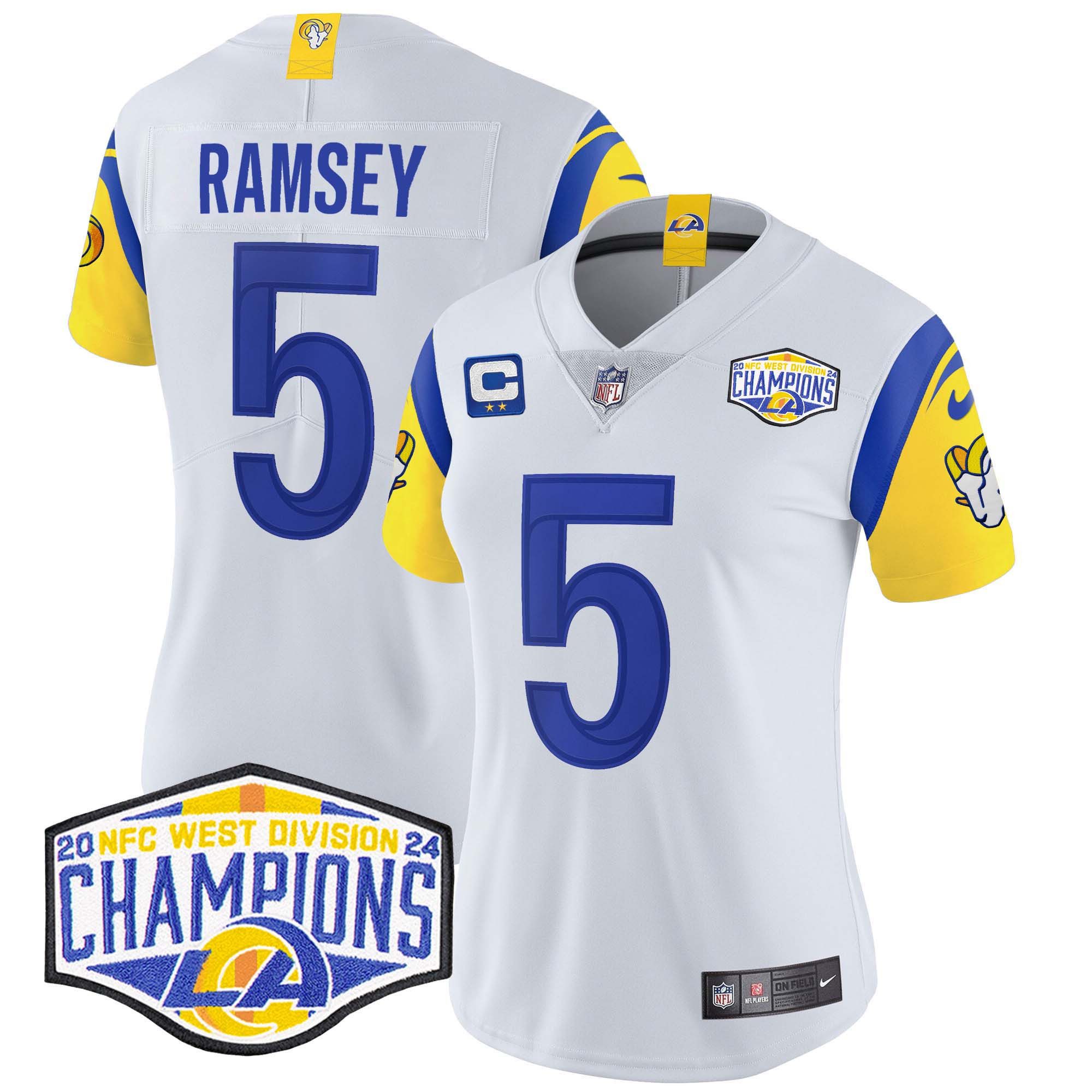 Jalen Ramsey Women's Los Angeles Rams 2024 NFC West Division Champions Vapor Limited White Jersey - All Stitched