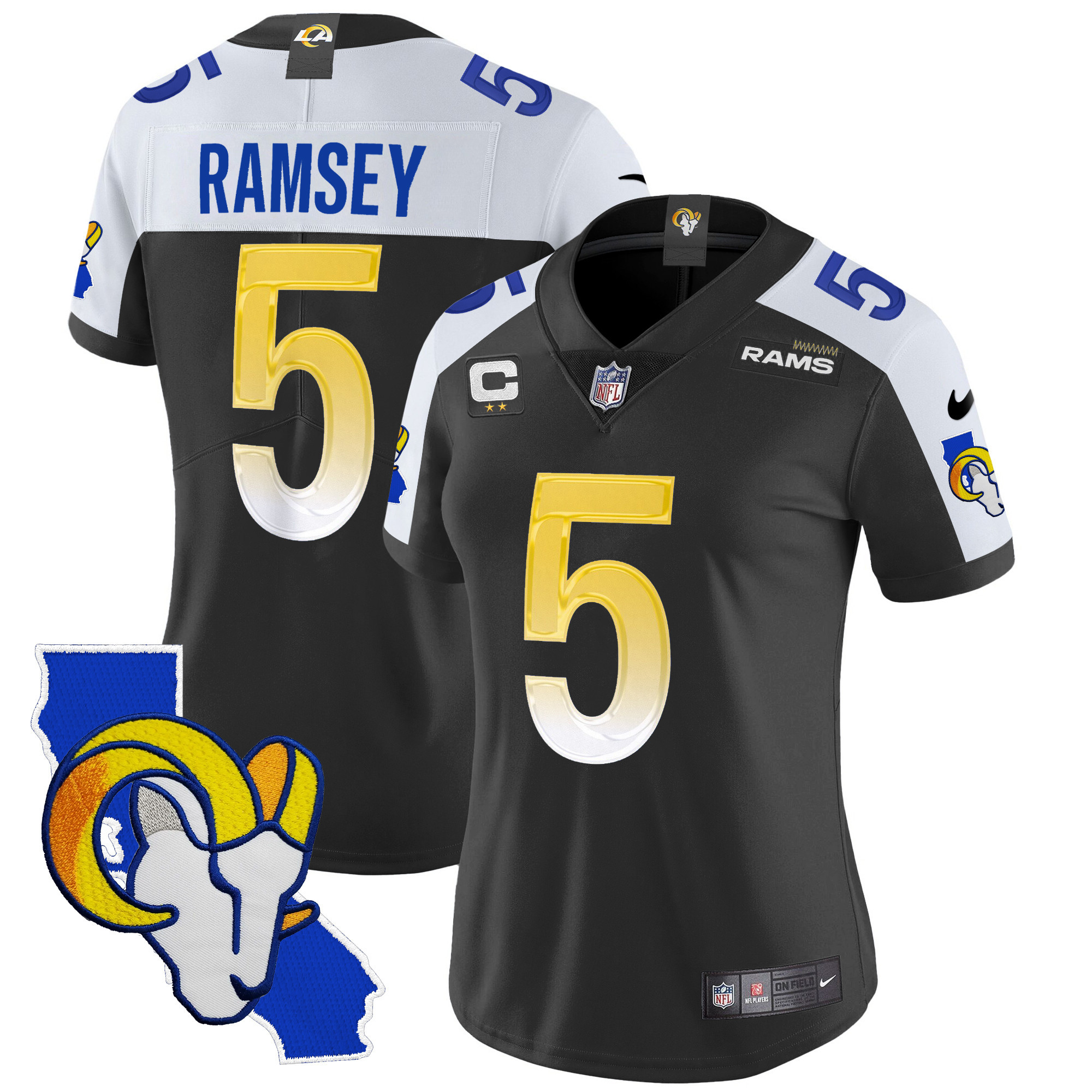 Jalen Ramsey Women's Los Angeles Rams California Patch Vapor Limited Black Alternate Jersey - All Stitched