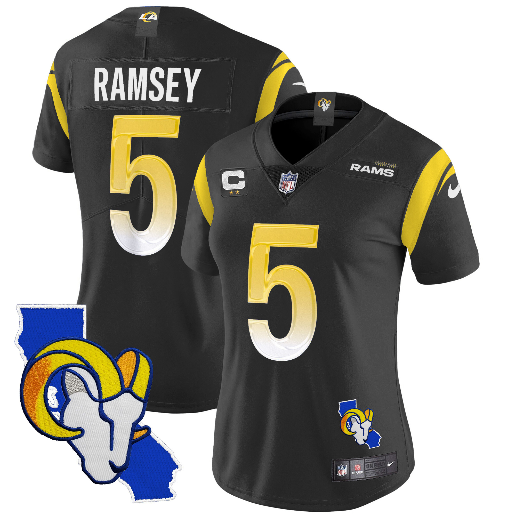 Jalen Ramsey Women's Los Angeles Rams California Patch Vapor Limited Black Jersey - All Stitched