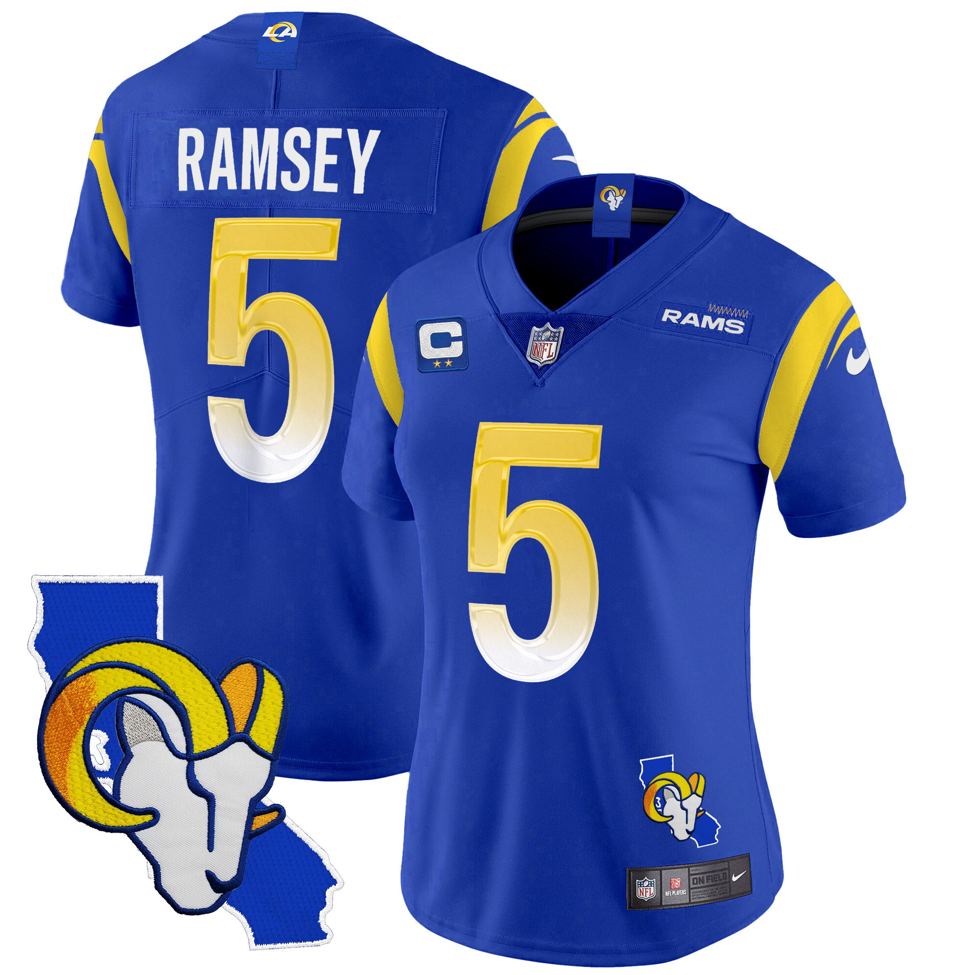 Jalen Ramsey Women's Los Angeles Rams California Patch Vapor Limited Royal Jersey - All Stitched