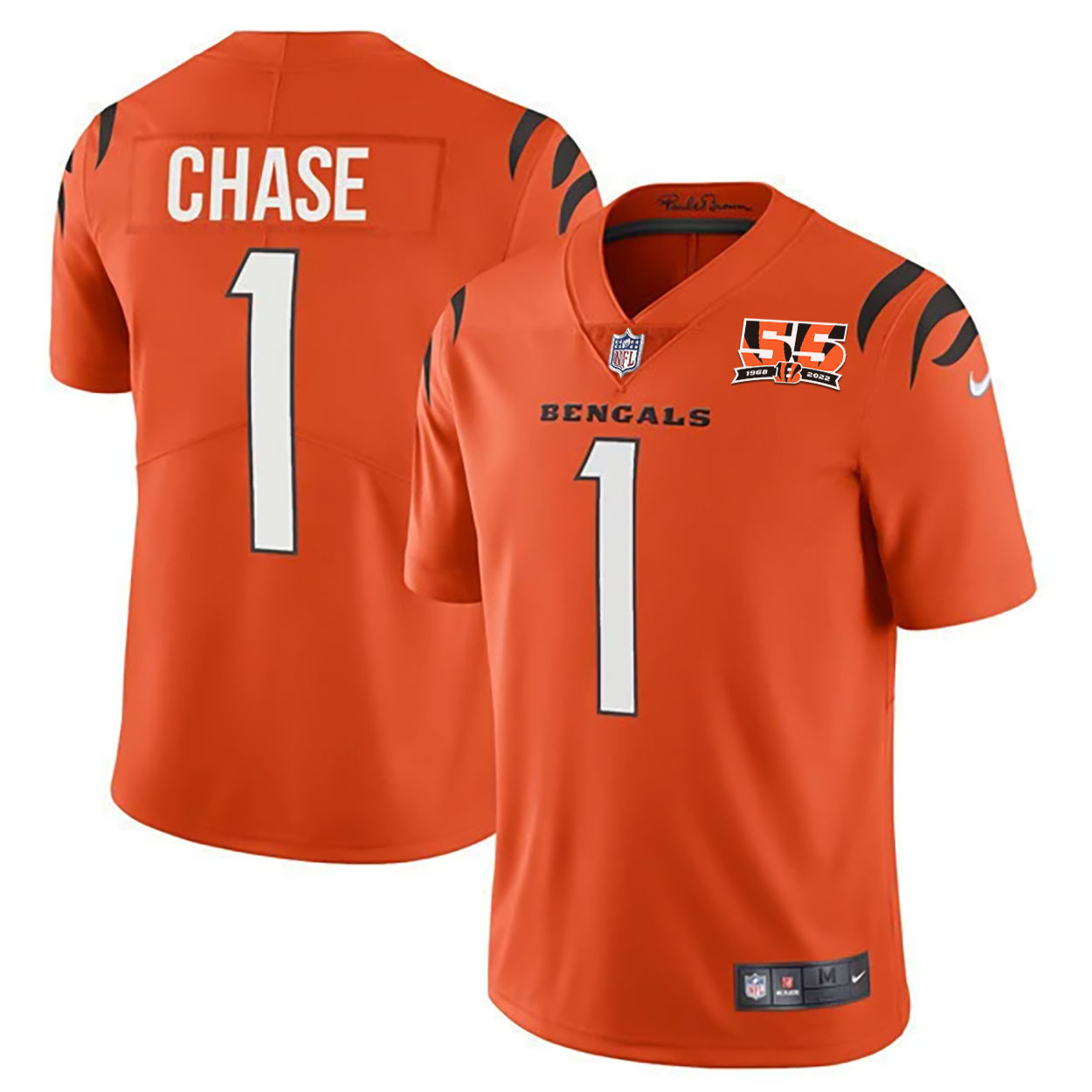 Ja'Marr Chase Men's Cincinnati Bengals 55th 1968 - 2022 Anniversary Patch Player Vapor Limited Orange Jersey - All Stitched