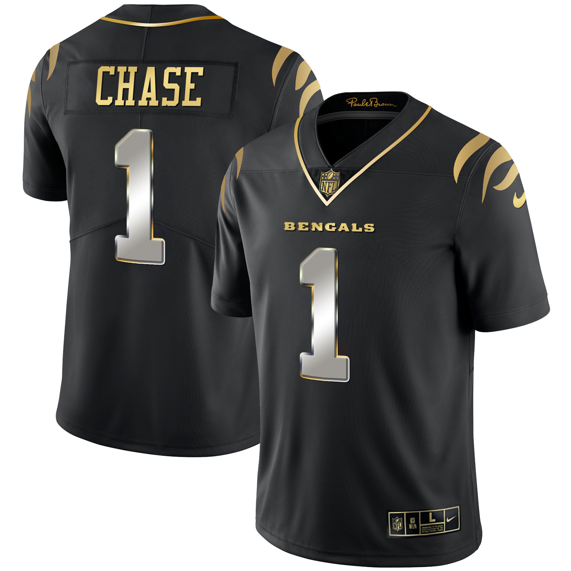 Ja'Marr Chase Men's Cincinnati Bengals Black Gold & White Gold Vapor Black Limited Jersey - All Stitched