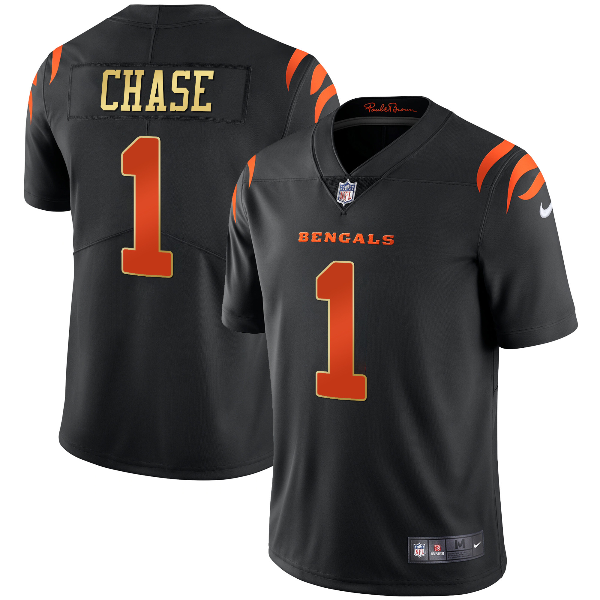 Ja'Marr Chase Men's Cincinnati Bengals Black Gold & White Gold Vapor Gold Trim Jersey - All Stitched
