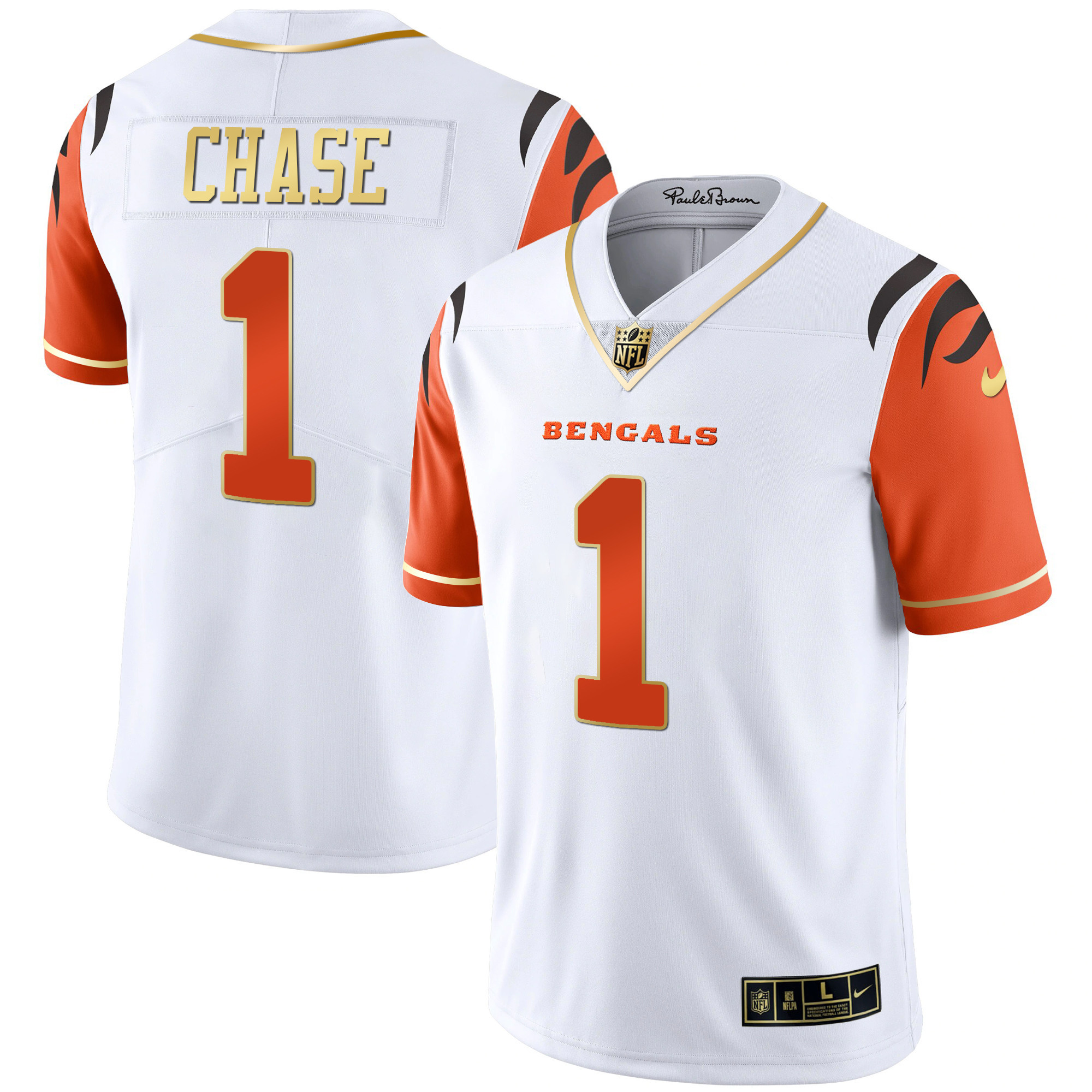 Ja'Marr Chase Men's Cincinnati Bengals Black Gold & White Gold Vapor Sleeves Limited Jersey - All Stitched