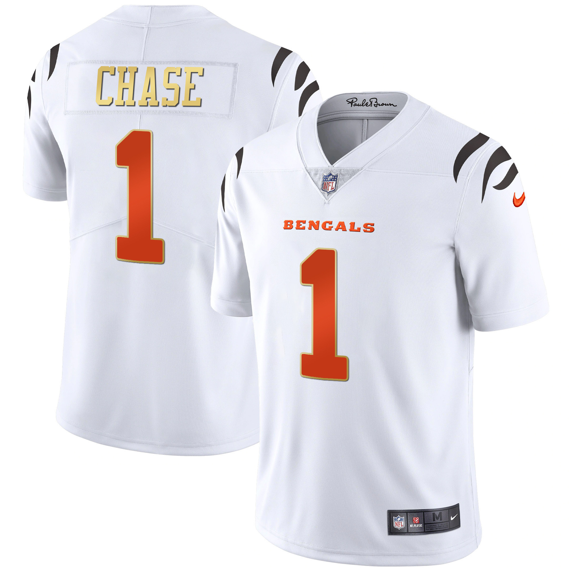 Ja'Marr Chase Men's Cincinnati Bengals Black Gold & White Gold Vapor White Limited Jersey - All Stitched