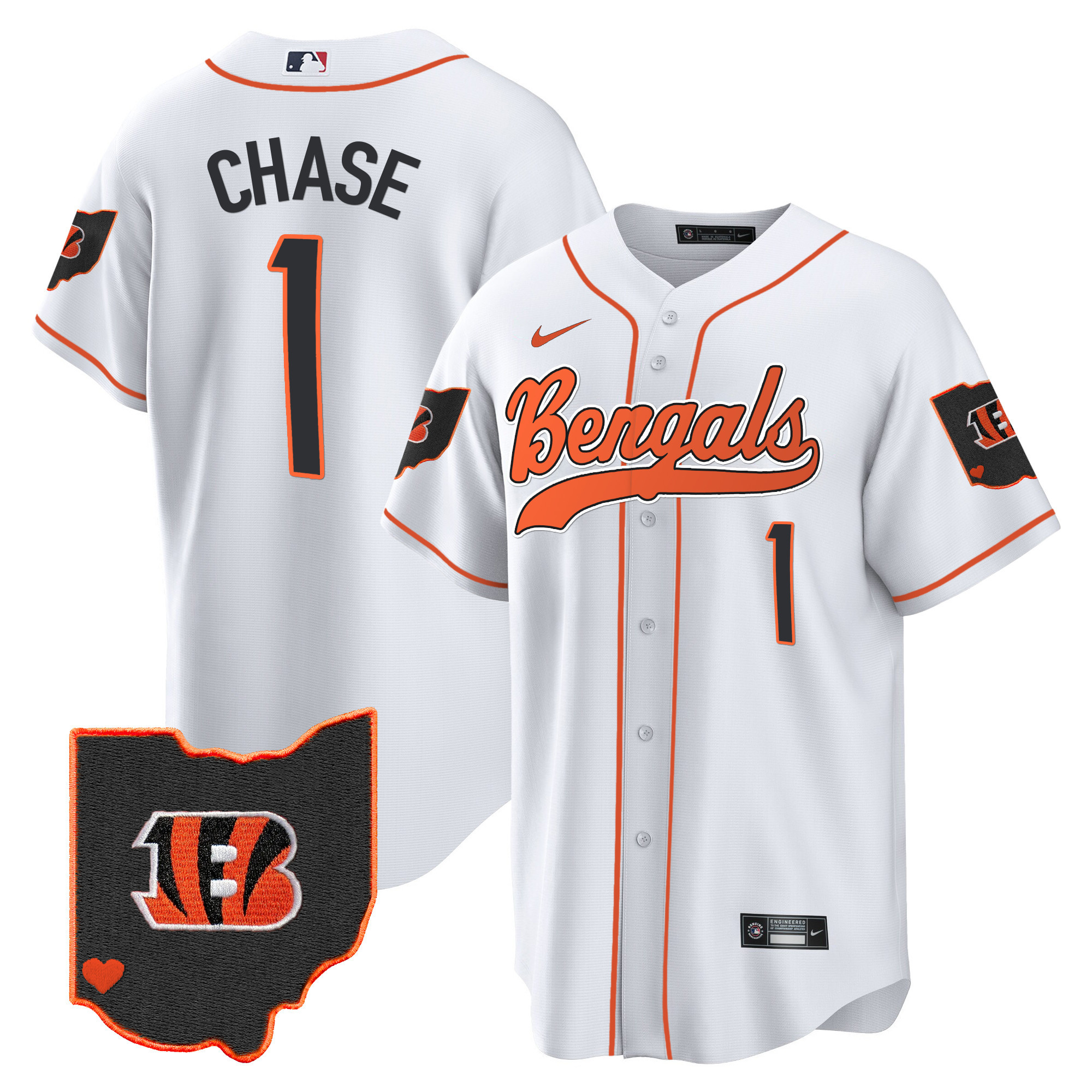 Ja'Marr Chase Men's Cincinnati Bengals Ohio Patch Baseball White Jersey - All Stitched