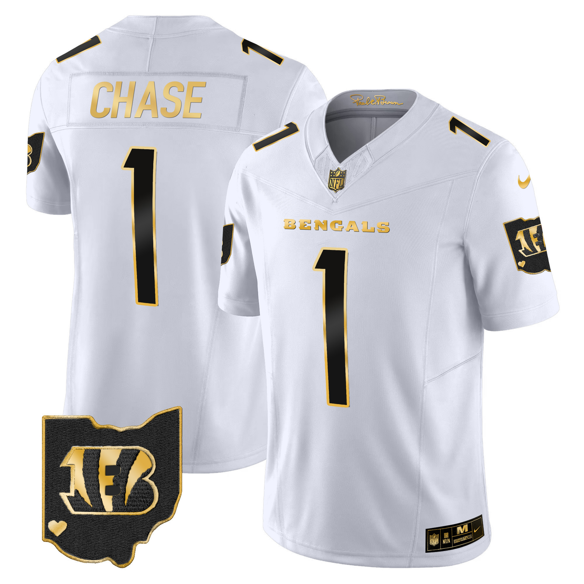Ja'Marr Chase Men's Cincinnati Bengals Ohio Patch Gold Vapor Limited White Gold Jersey - All Stitched