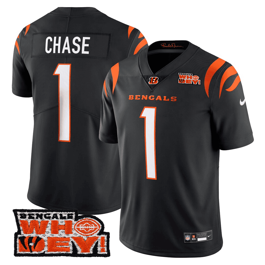 Ja'Marr Chase Men's Cincinnati Bengals Who Dey Patch Black Jersey - All Stitched