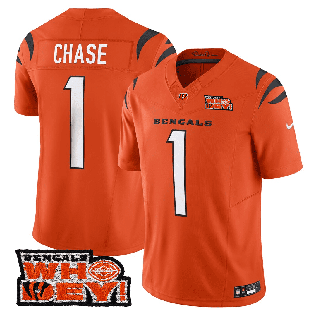 Ja'Marr Chase Men's Cincinnati Bengals Who Dey Patch Orange Jersey - All Stitched
