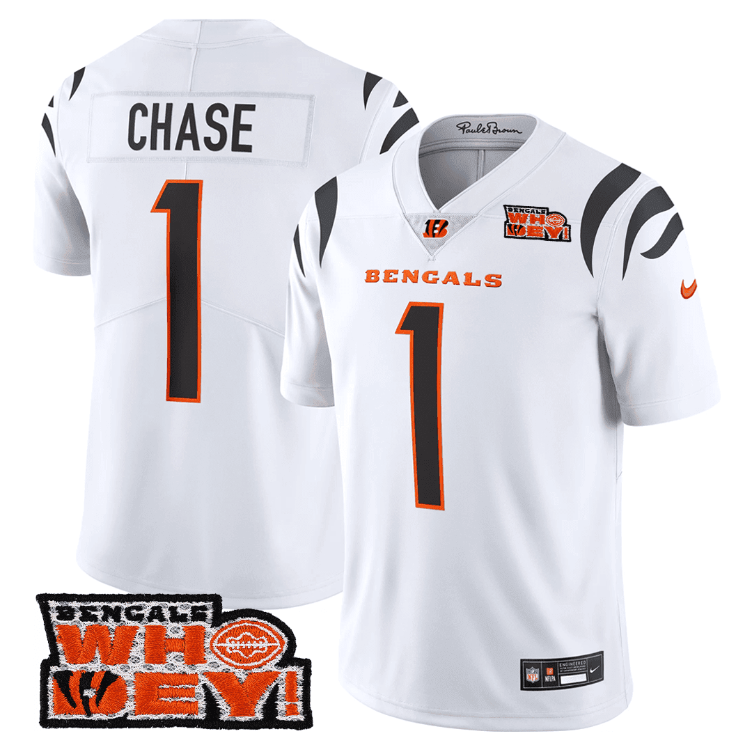 Ja'Marr Chase Men's Cincinnati Bengals Who Dey Patch White Jersey - All Stitched