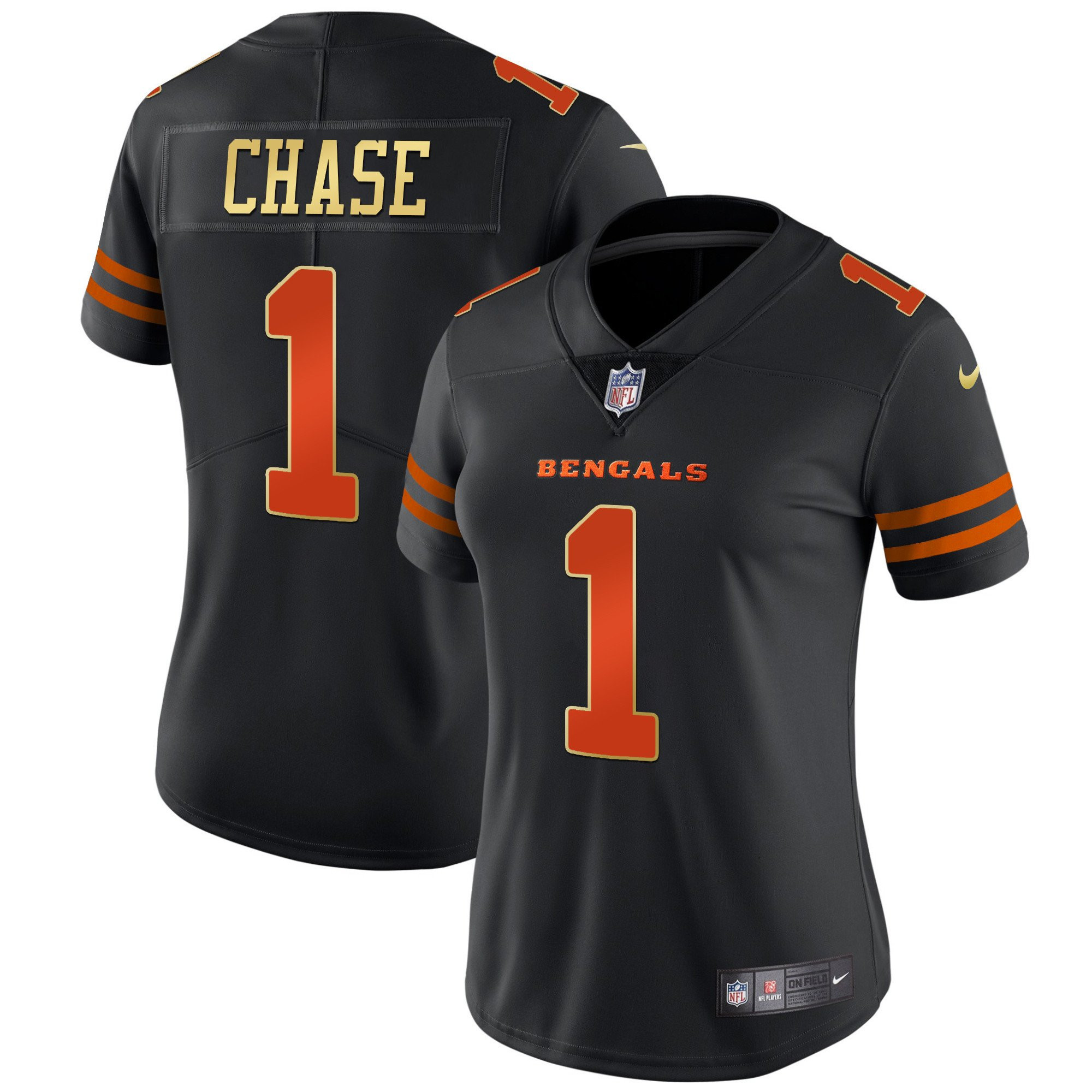 Ja'Marr Chase Women's Cincinnati Bengals Black Gold Vapor Black Orange Jersey - All Stitched