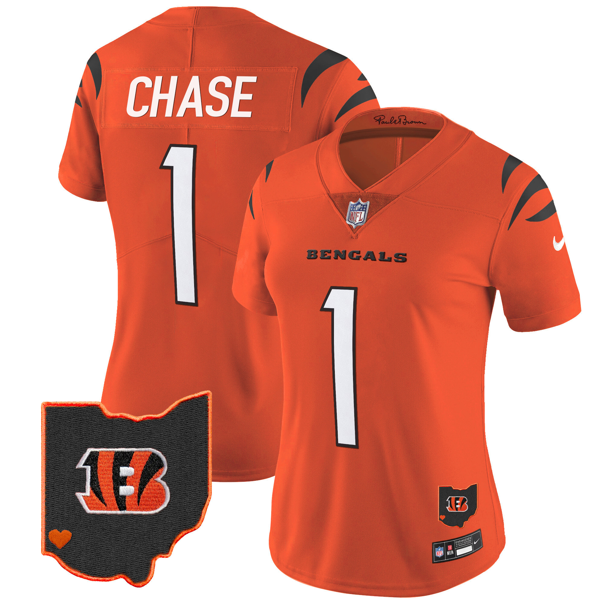Ja'Marr Chase Women's Cincinnati Bengals Ohio Patch Vapor Limited Orange Jersey - All Stitched