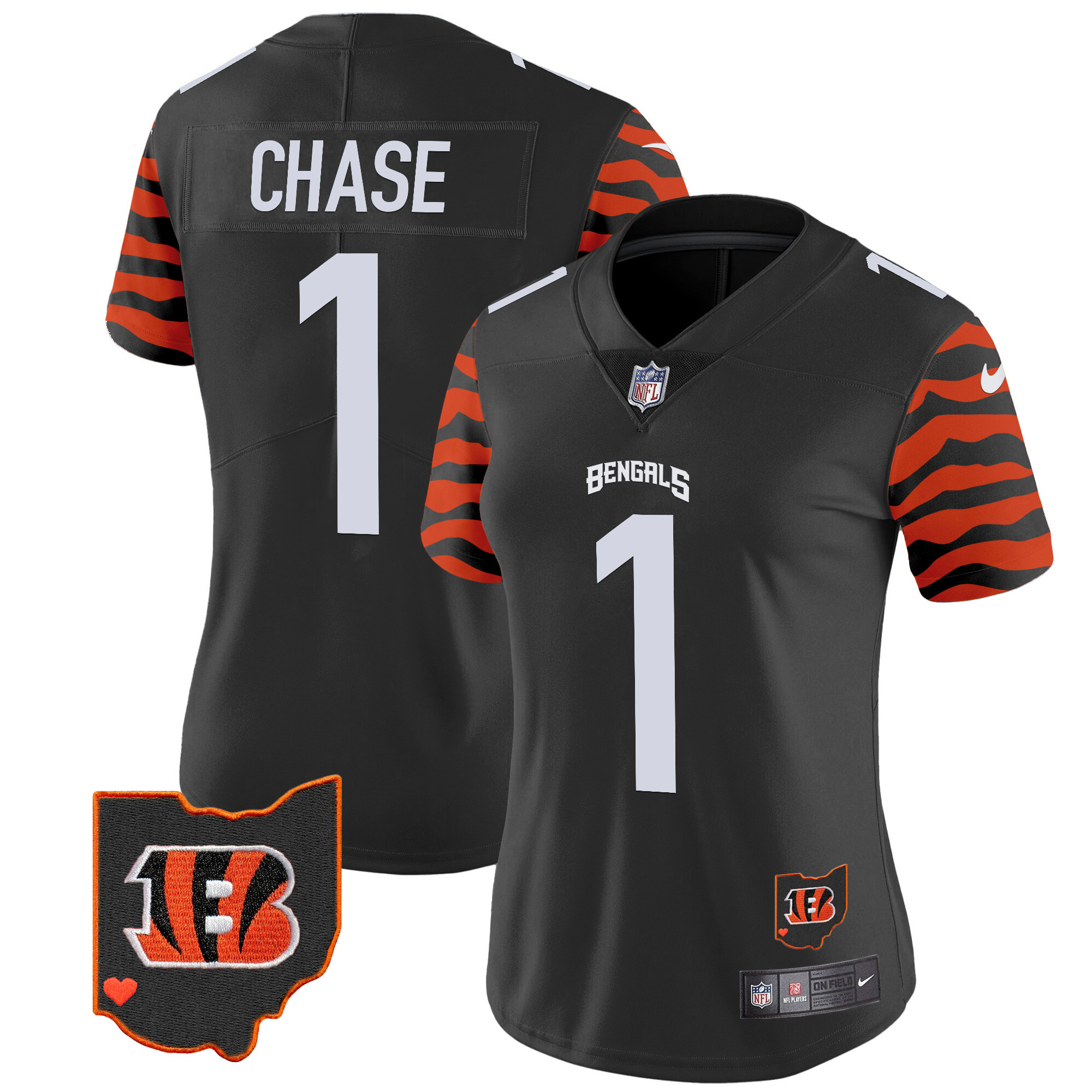 Ja'Marr Chase Women's Cincinnati Bengals Stripes Vapor Limited Black Jersey - All Stitched