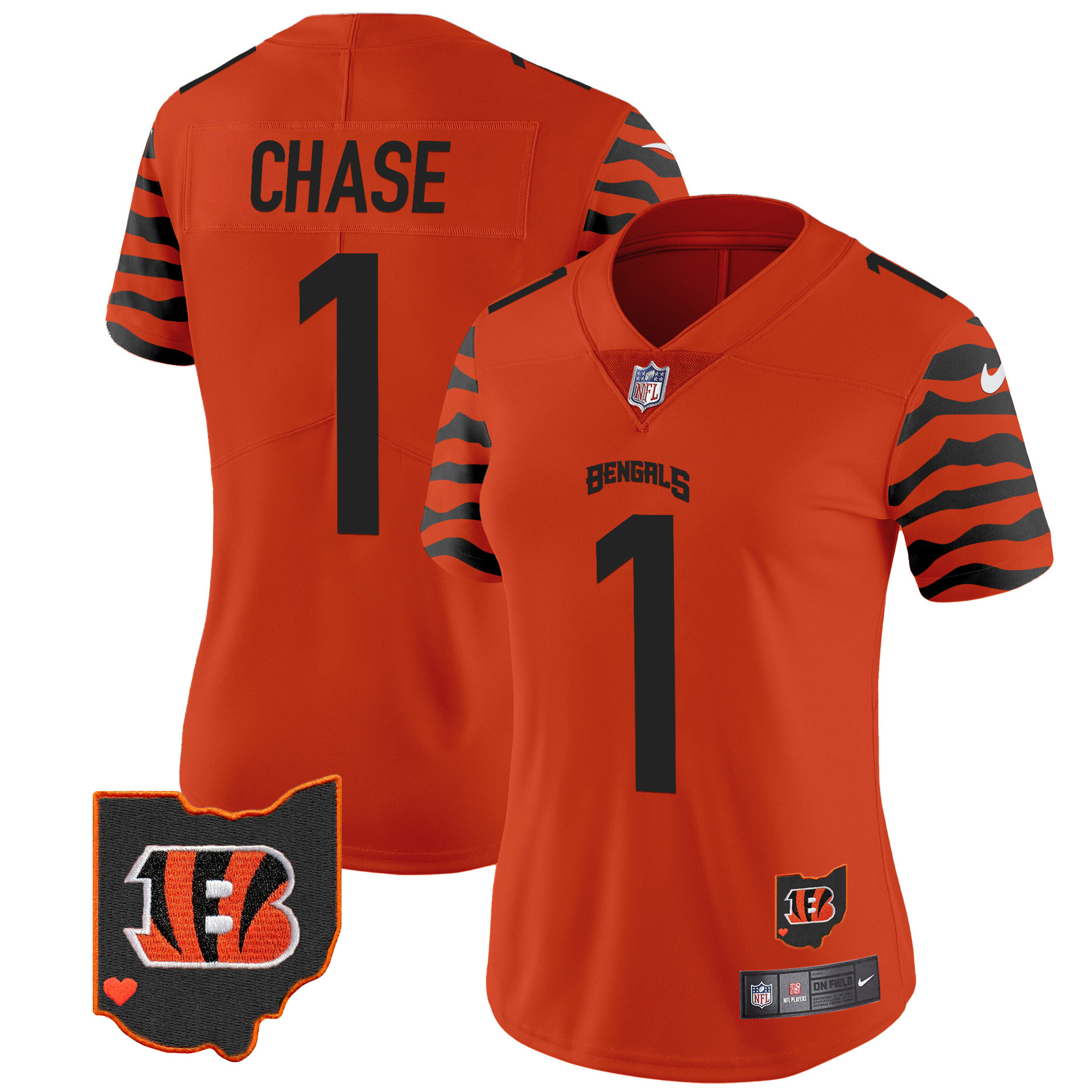 Ja'Marr Chase Women's Cincinnati Bengals Stripes Vapor Limited Orange Jersey - All Stitched