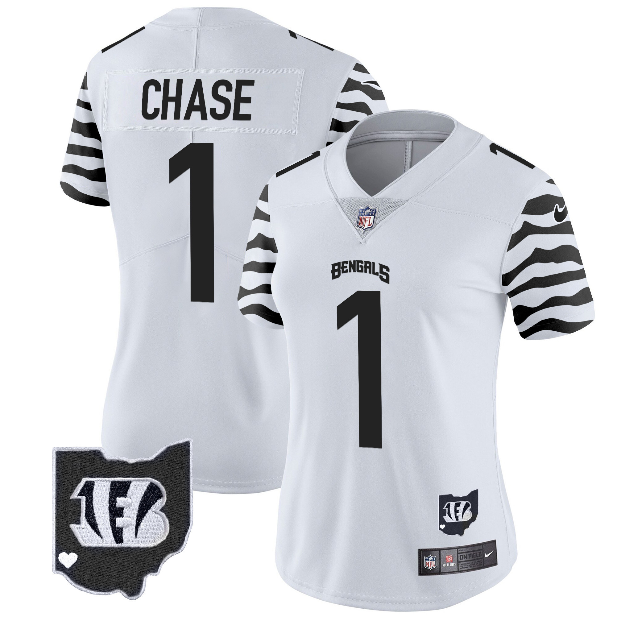 Ja'Marr Chase Women's Cincinnati Bengals Stripes Vapor Limited White Jersey - All Stitched