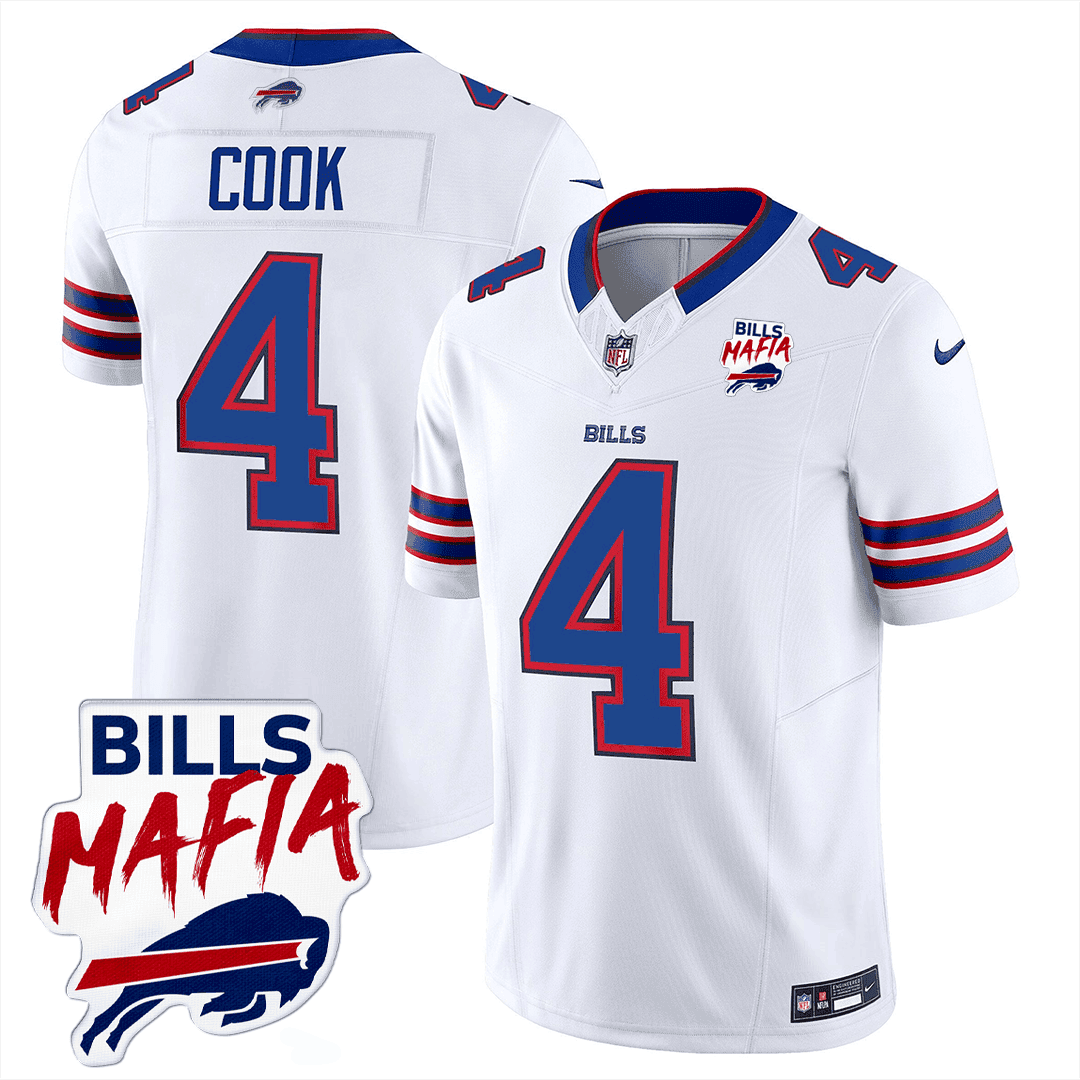 James Cook MenÃƒÂ¢Ã¢â€šÂ¬Ã¢â€žÂ¢s Buffalo Bills Buffalo Bills Mafia Patch Limited White Jersey - All Stitched