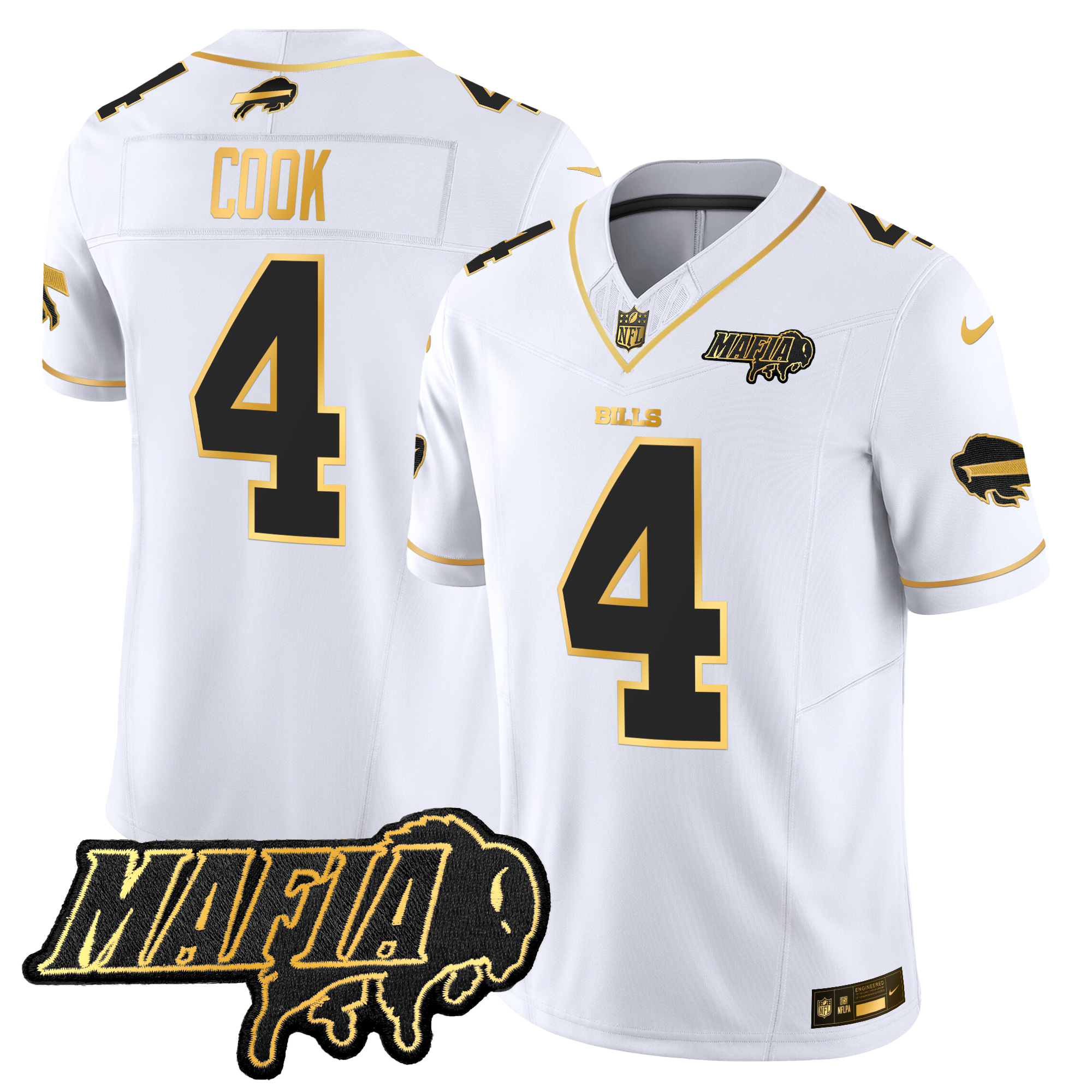 James Cook Men's Buffalo Bills 2024 Buffalo Bills Mafia Patch Gold Vapor Limited White Gold Jersey - All Stitched
