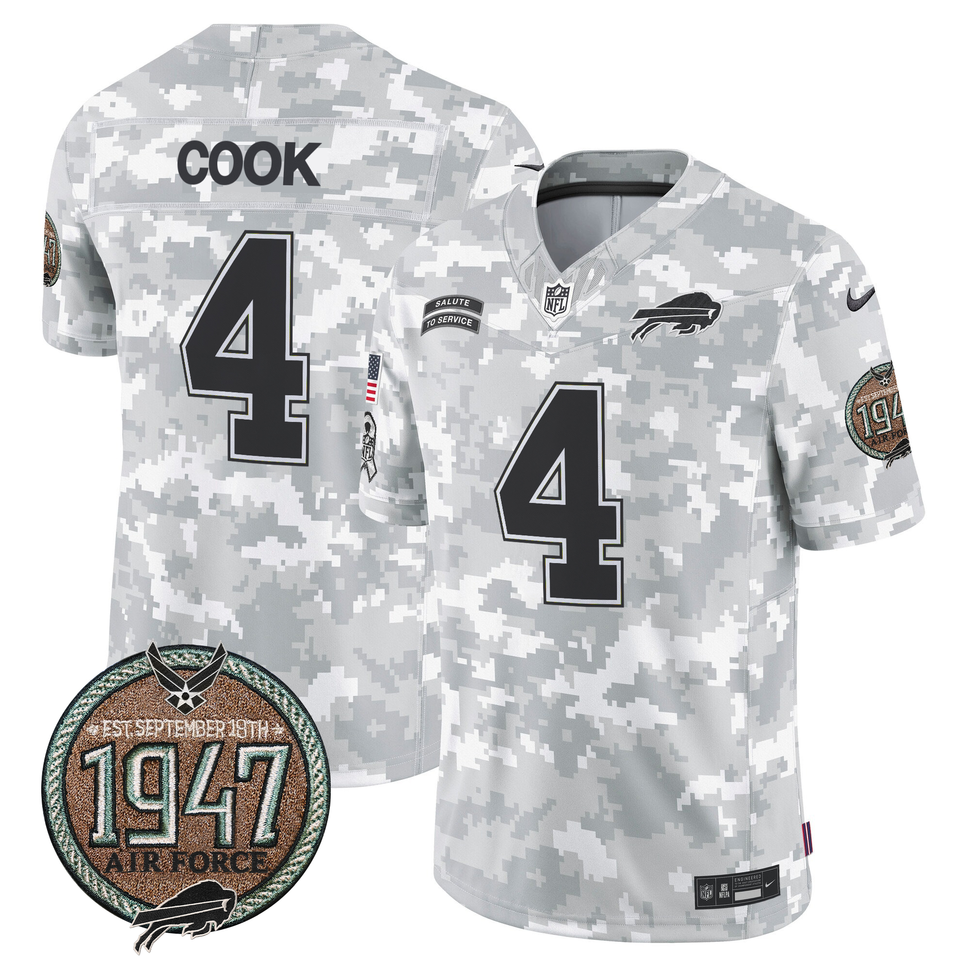 James Cook Men's Buffalo Bills 2024 Salute to Service Establishment Year Patch Vapor Limited Air Force Jersey - All Stitched