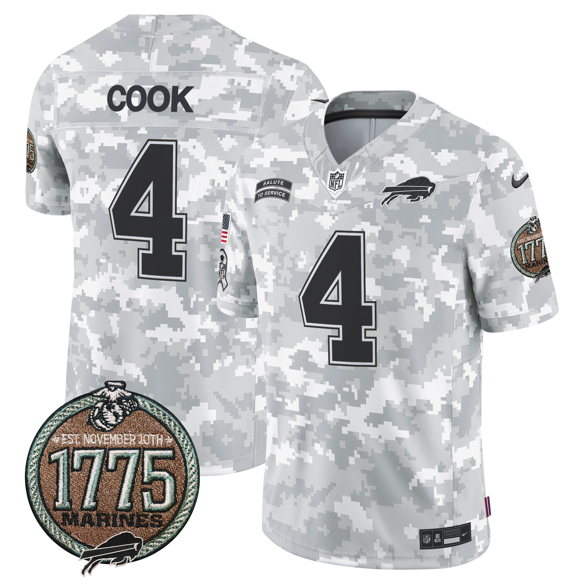James Cook Men's Buffalo Bills 2024 Salute to Service Establishment Year Patch Vapor Limited Marines Jersey - All Stitched