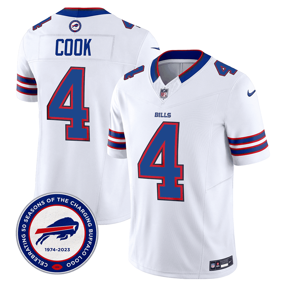 James Cook Men's Buffalo Bills 50th Charging Logo Patch Vapor Limited White Jersey - All Stitched