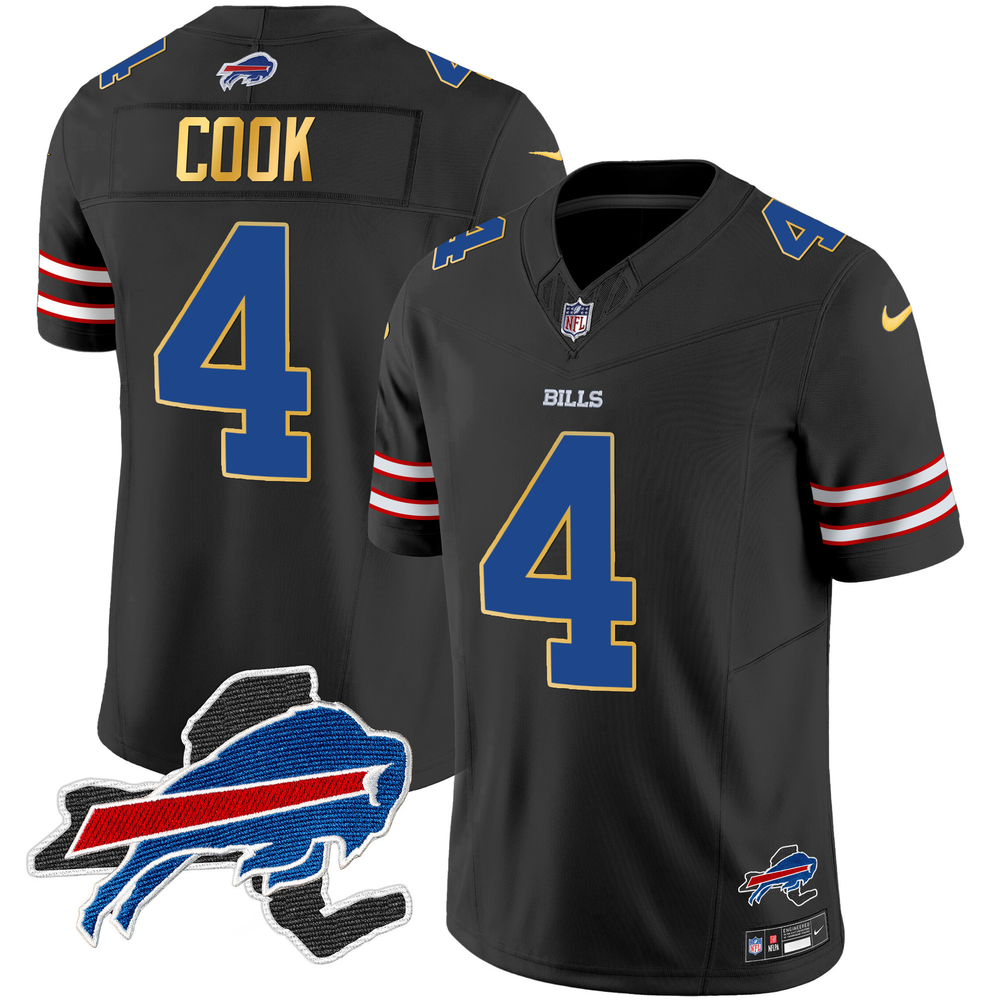 James Cook Men's Buffalo Bills New York Patch Gold Trim Vapor Black Jersey - All Stitched