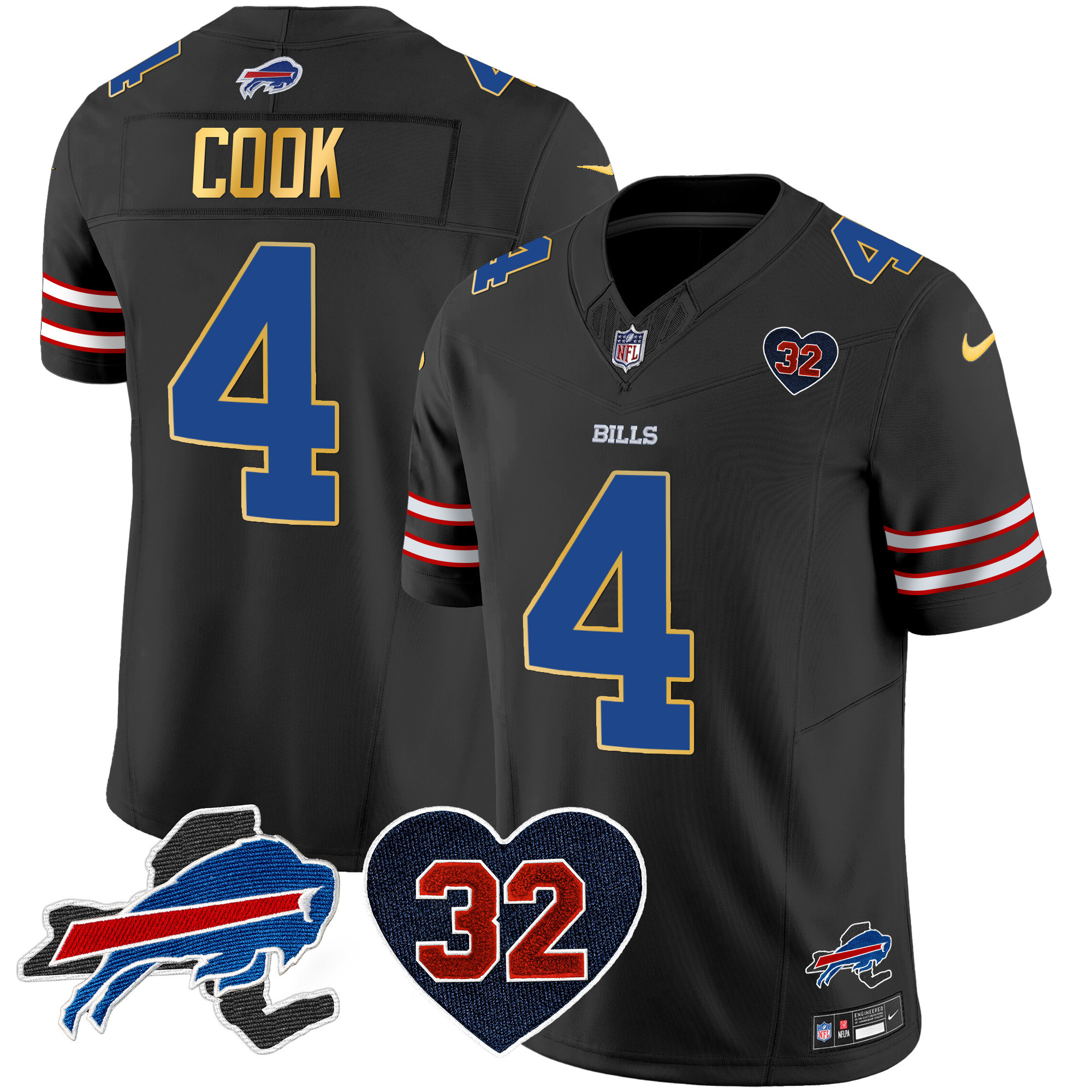 James Cook Men's Buffalo Bills O.J. Simpson Patch Gold Trim Vapor Limited Black Jersey - All Stitched