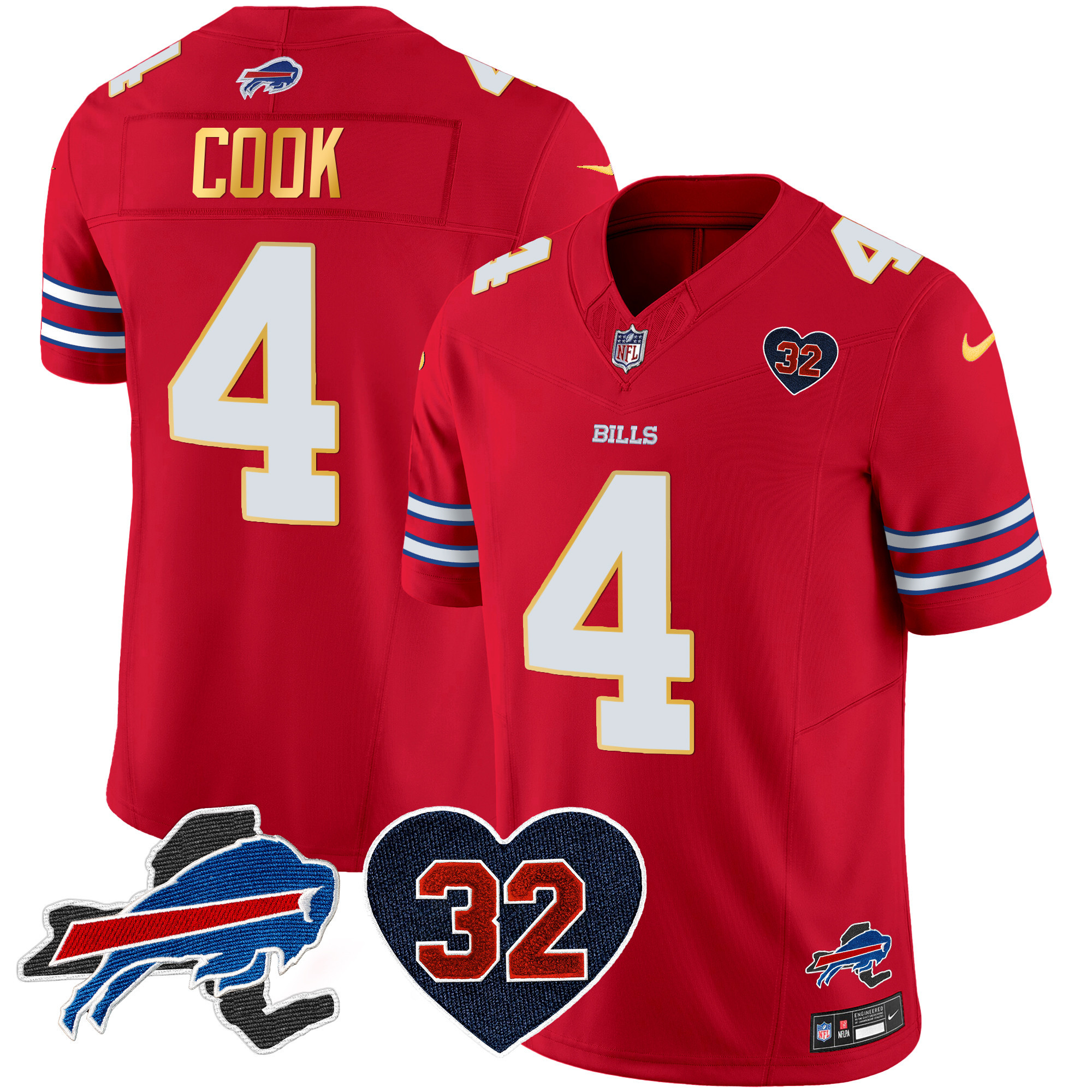 James Cook Men's Buffalo Bills O.J. Simpson Patch Gold Trim Vapor Limited Red Jersey - All Stitched