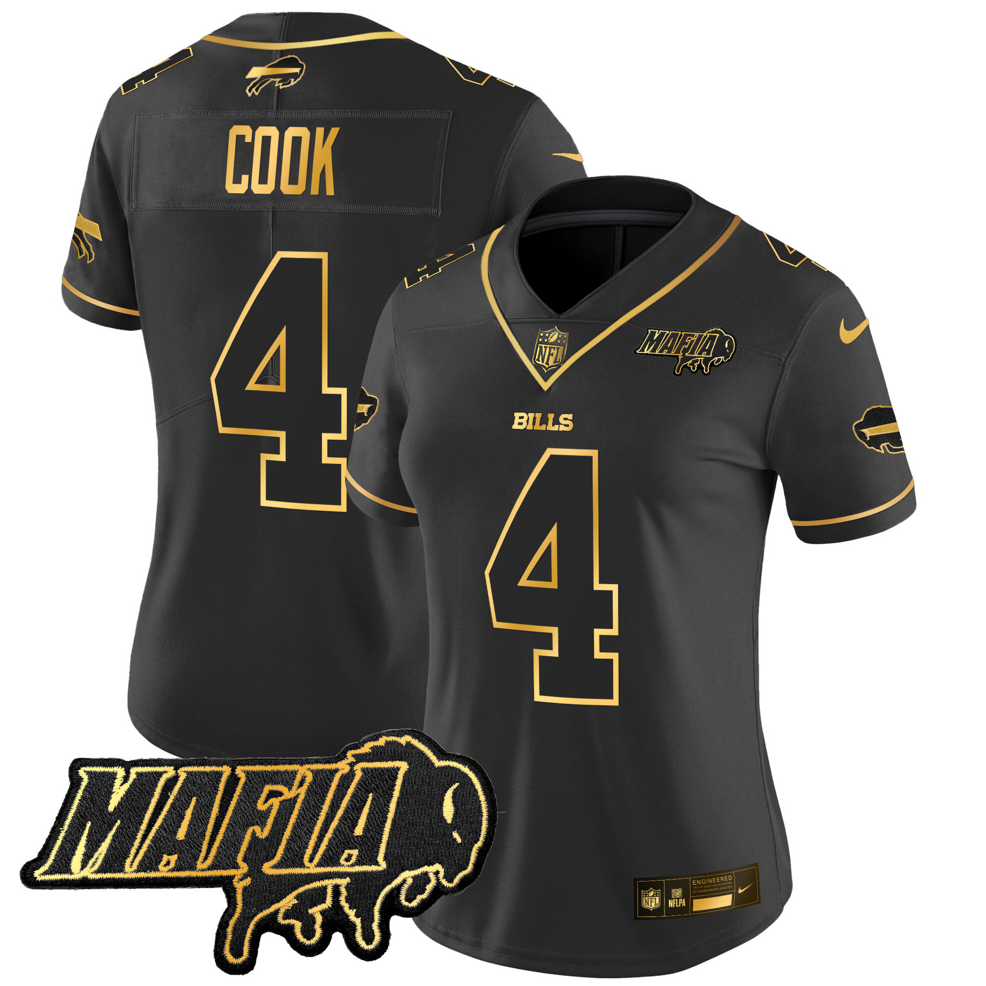 James Cook Women's Buffalo Bills 2024 Buffalo Bills Mafia Patch Gold Vapor Limited Black Gold Jersey - All Stitched