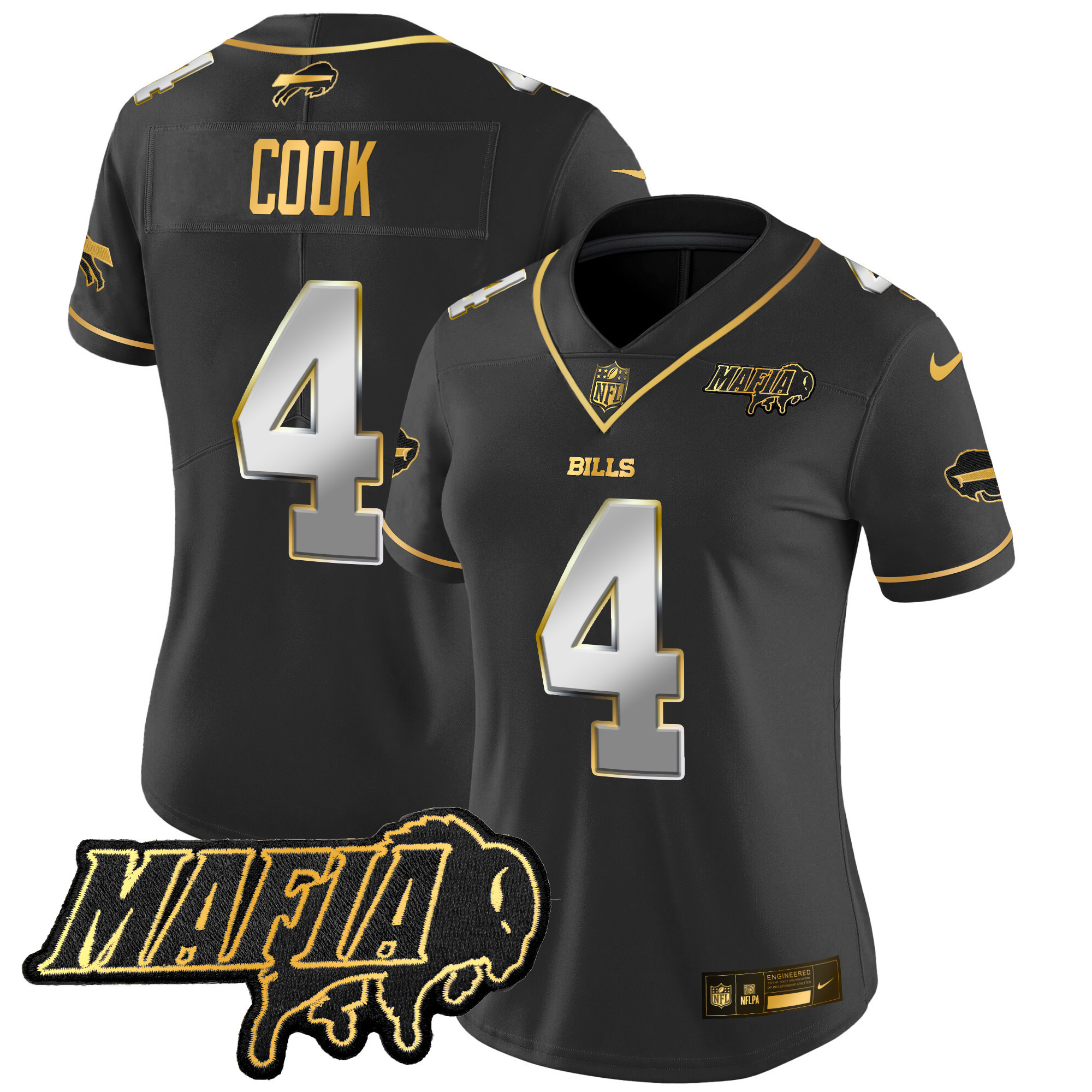 James Cook Women's Buffalo Bills 2024 Buffalo Bills Mafia Patch Gold Vapor Limited Black Limited Jersey - All Stitched