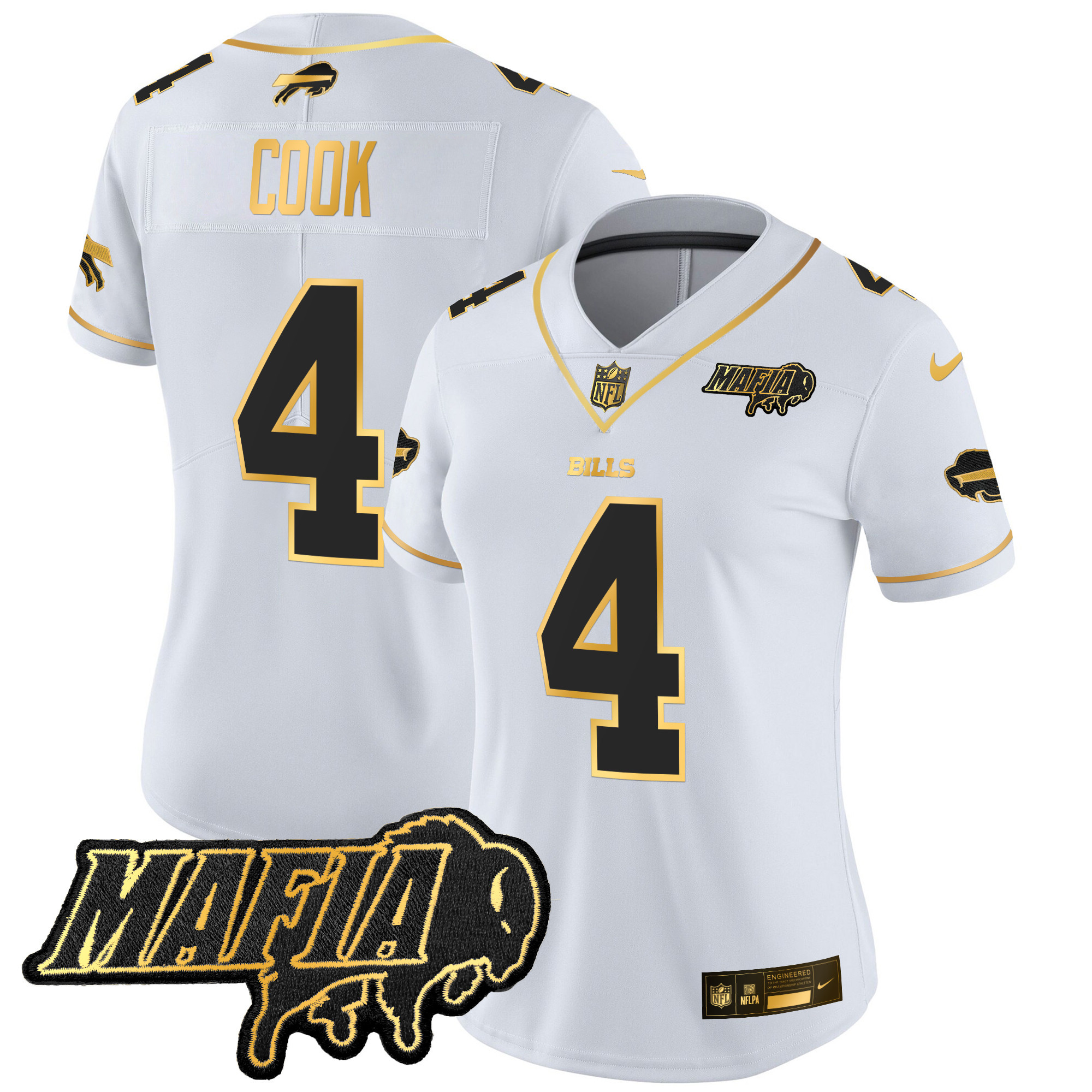 James Cook Women's Buffalo Bills 2024 Buffalo Bills Mafia Patch Gold Vapor Limited White Gold Jersey - All Stitched