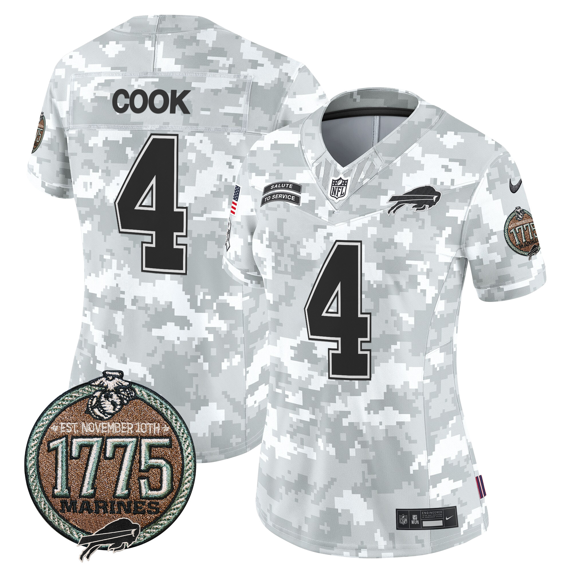 James Cook Women's Buffalo Bills 2024 Salute to Service Establishment Year Patch Vapor Limited Marines Jersey - All Stitched