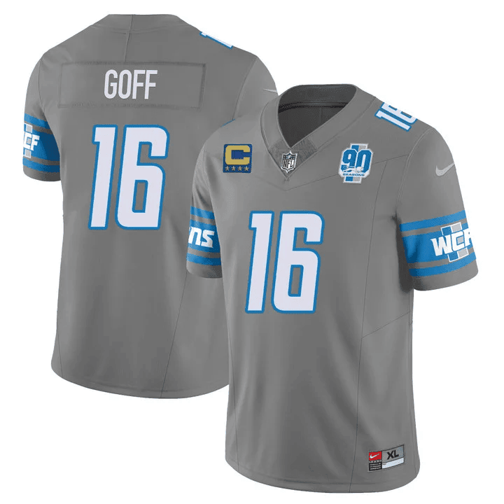 Jared Goff MenÃ¢â‚¬â„¢s Detroit Lions 90th Year Patch Vapor Jersey V2 Ã¢â‚¬â€œ All Stitched Gray Jersey - All Stitched