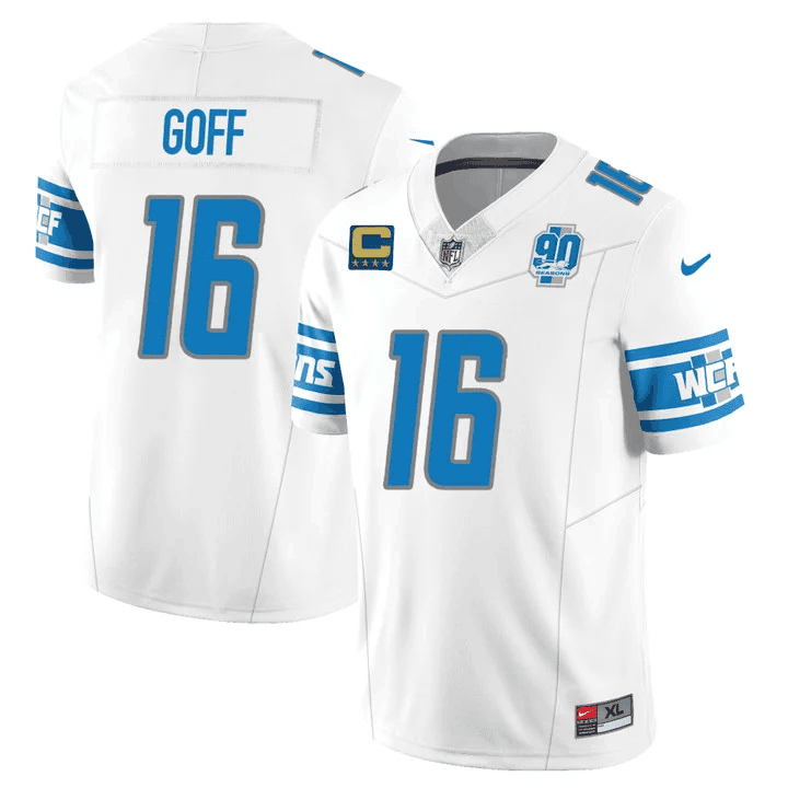 Jared Goff MenÃƒÂ¢Ã¢â€šÂ¬Ã¢â€žÂ¢s Detroit Lions 90th Year Patch Vapor Jersey V2 ÃƒÂ¢Ã¢â€šÂ¬Ã¢â‚¬Å“ All Stitched White Jersey - All Stitched