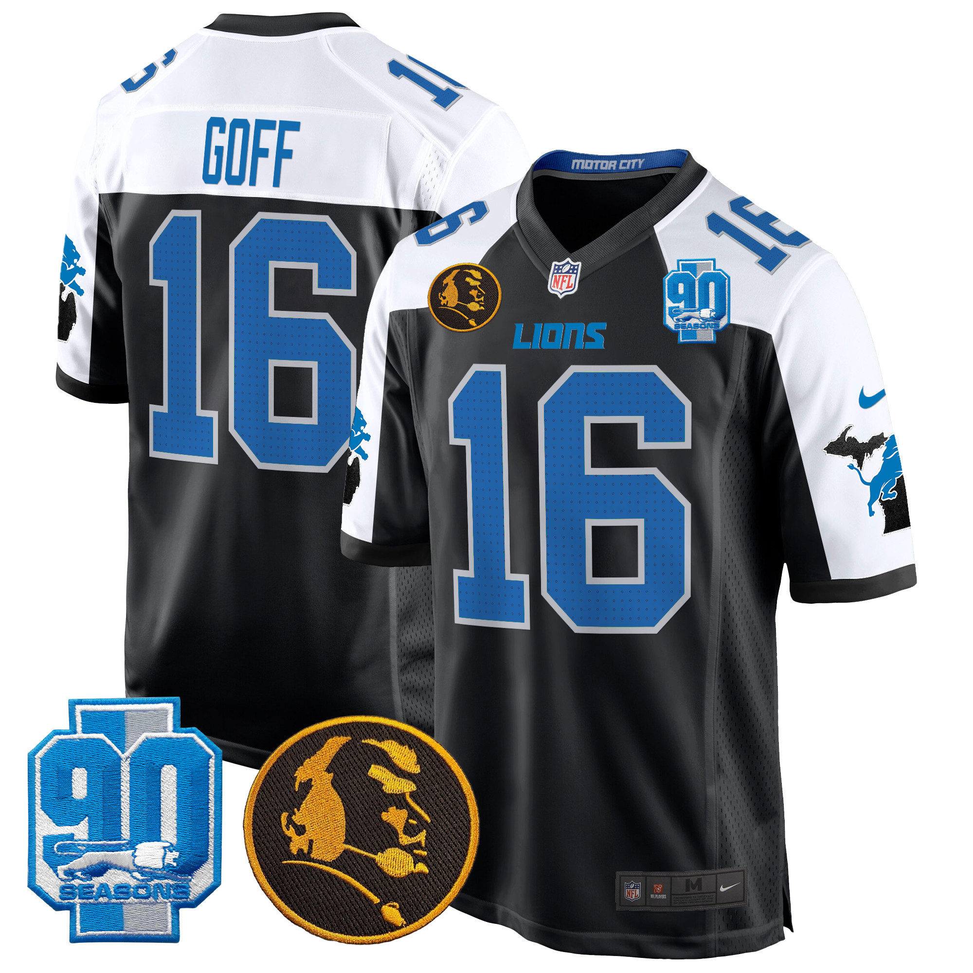 Jared Goff Men's Detroit Lions 2024 90th & John Madden Patch Game Alternate Jersey - All Stitched