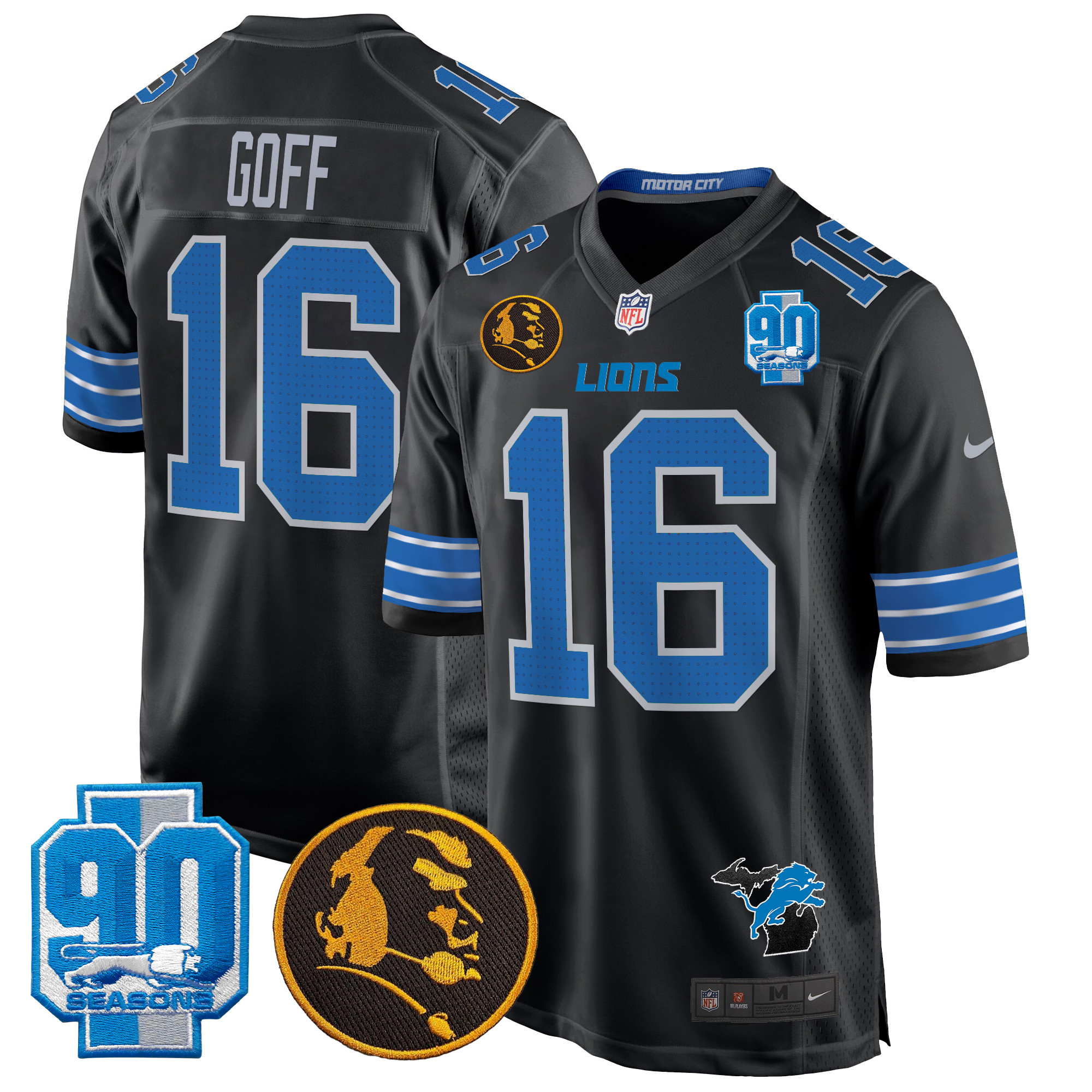 Jared Goff Men's Detroit Lions 2024 90th & John Madden Patch Game Black Jersey - All Stitched