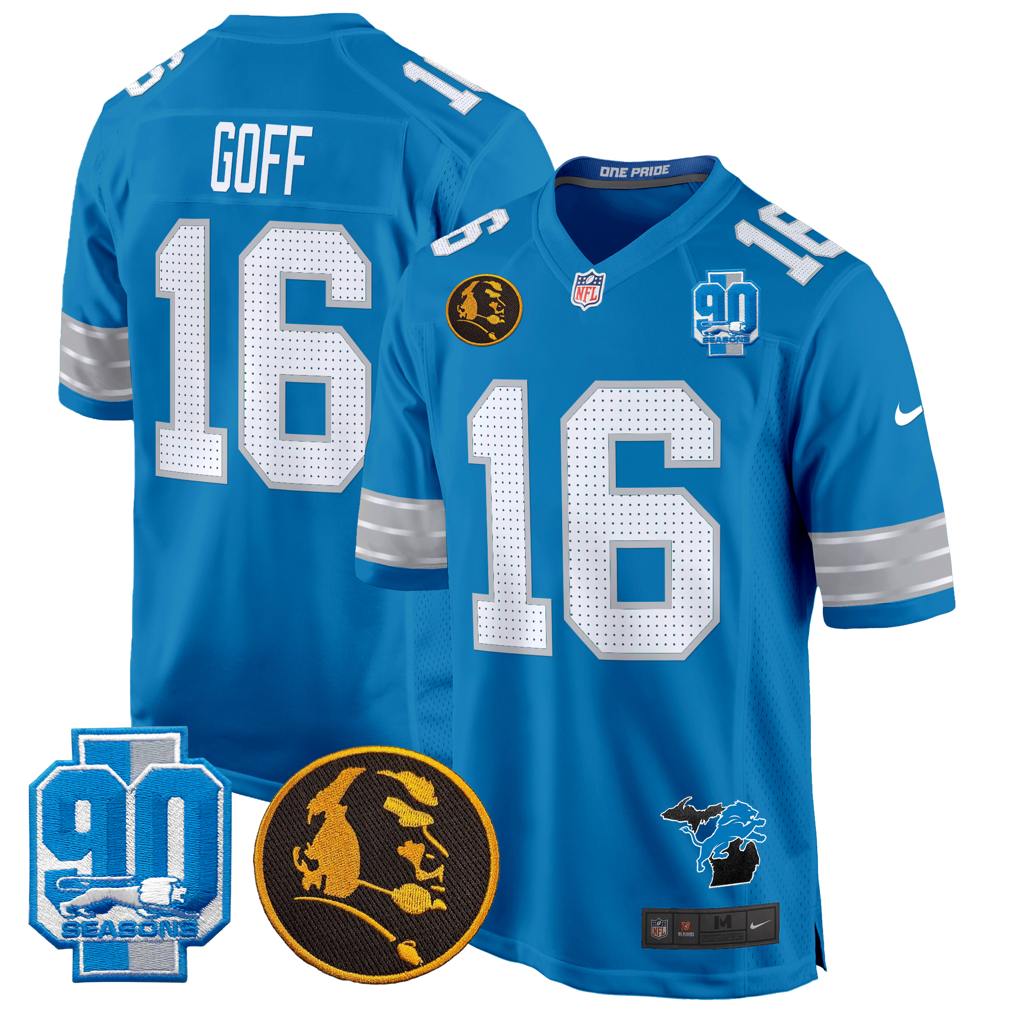 Jared Goff Men's Detroit Lions 2024 90th & John Madden Patch Game Blue Jersey - All Stitched