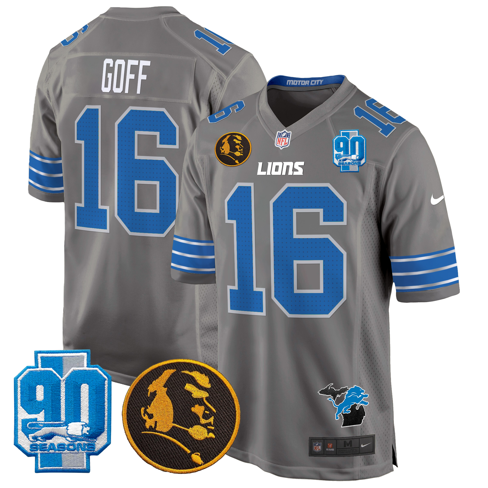 Jared Goff Men's Detroit Lions 2024 90th & John Madden Patch Game Gray Jersey - All Stitched