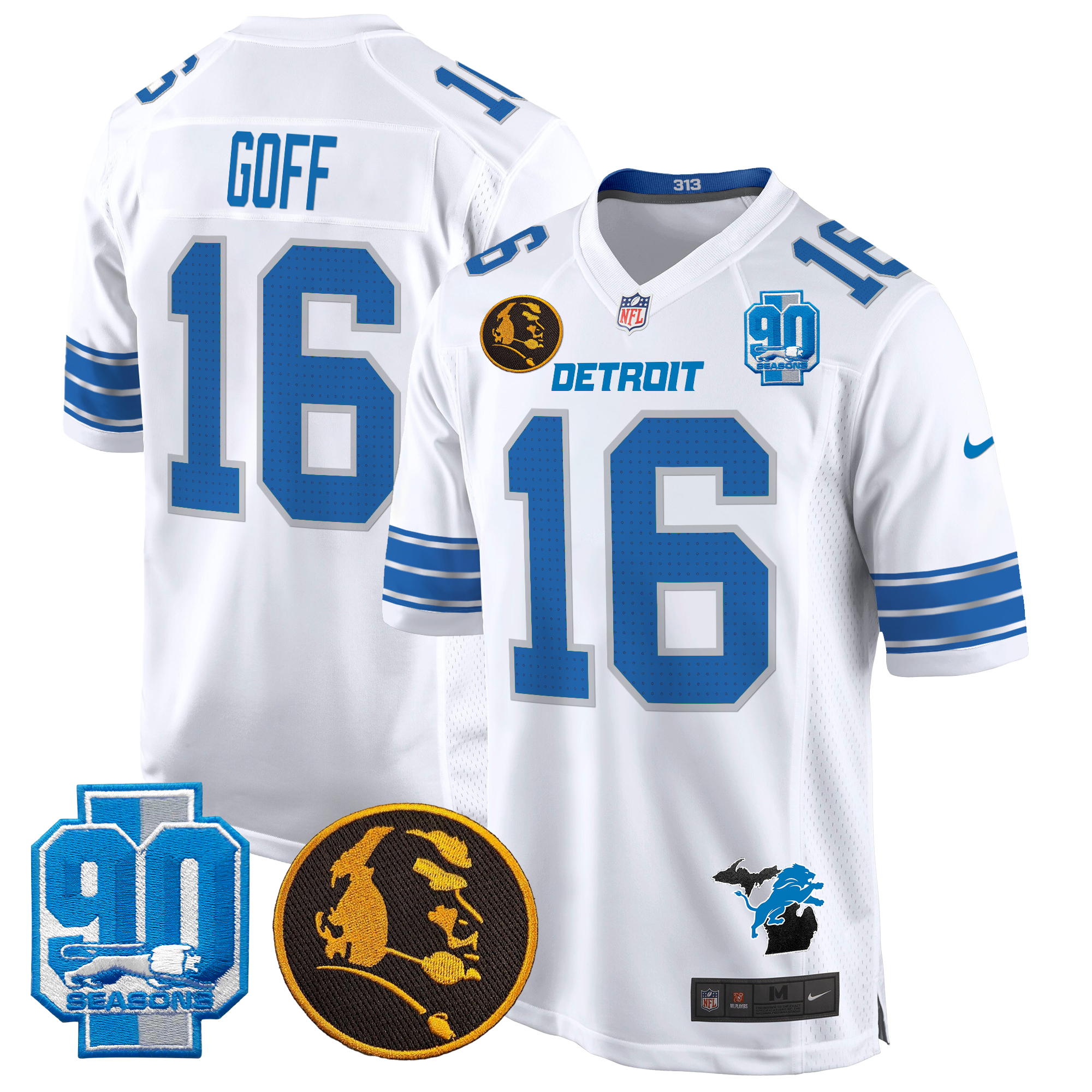 Jared Goff Men's Detroit Lions 2024 90th & John Madden Patch Game White Jersey - All Stitched