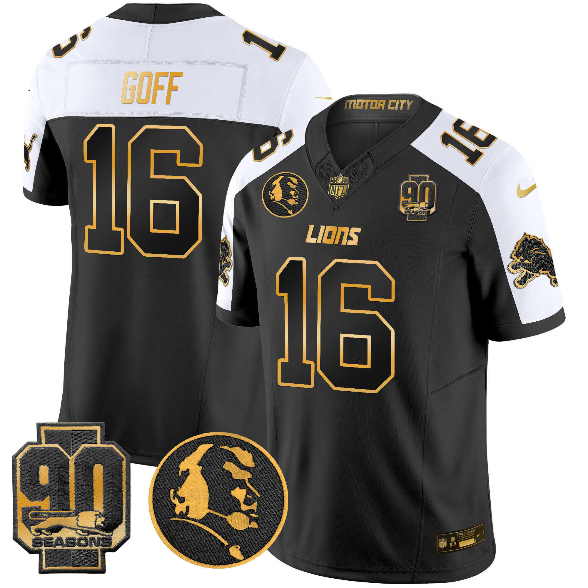 Jared Goff Men's Detroit Lions 2024 90th & John Madden Patch Gold Vapor Limited Alternate Jersey - All Stitched