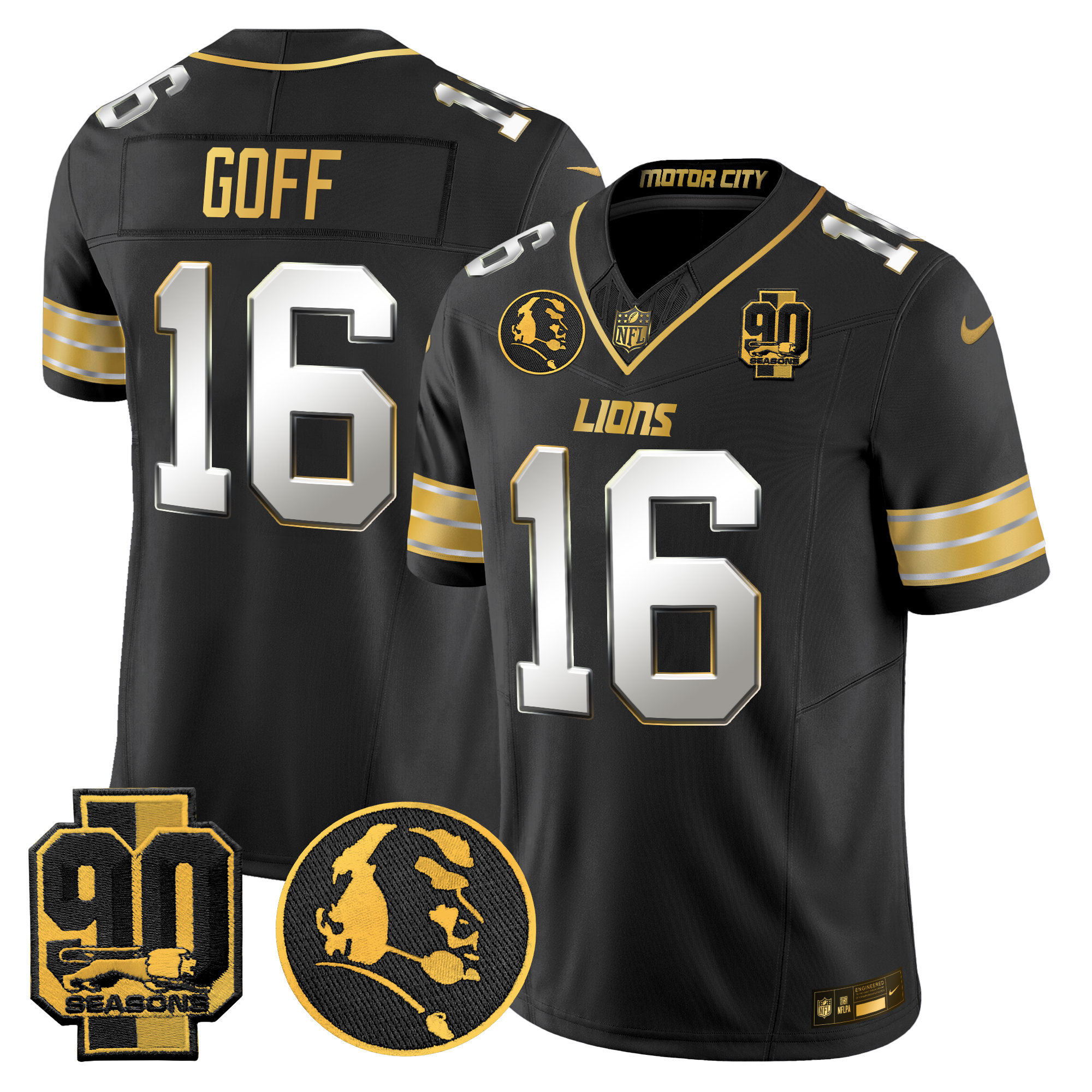 Jared Goff Men's Detroit Lions 2024 90th & John Madden Patch Gold Vapor Limited Black Limited Jersey - All Stitched