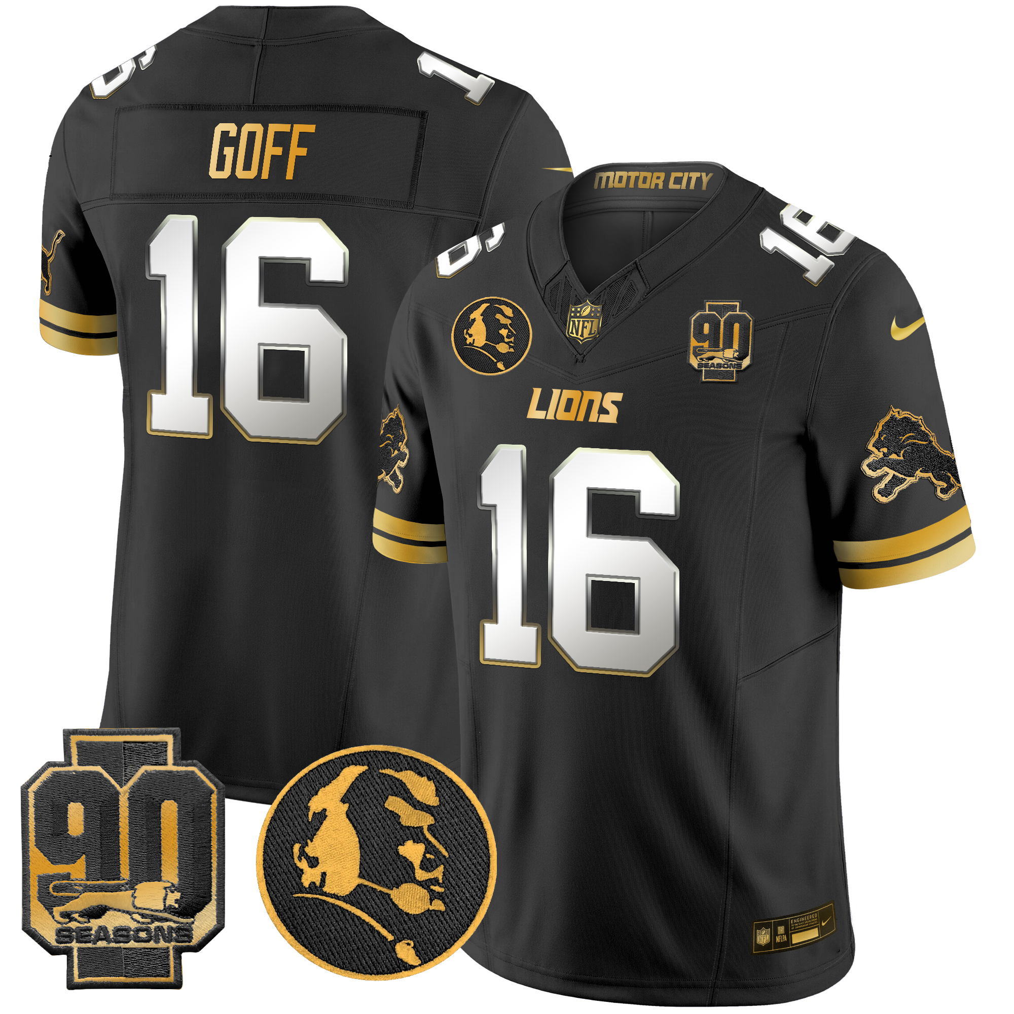 Jared Goff Men's Detroit Lions 2024 90th & John Madden Patch Gold Vapor Limited Black Limited Jersey - All Stitched