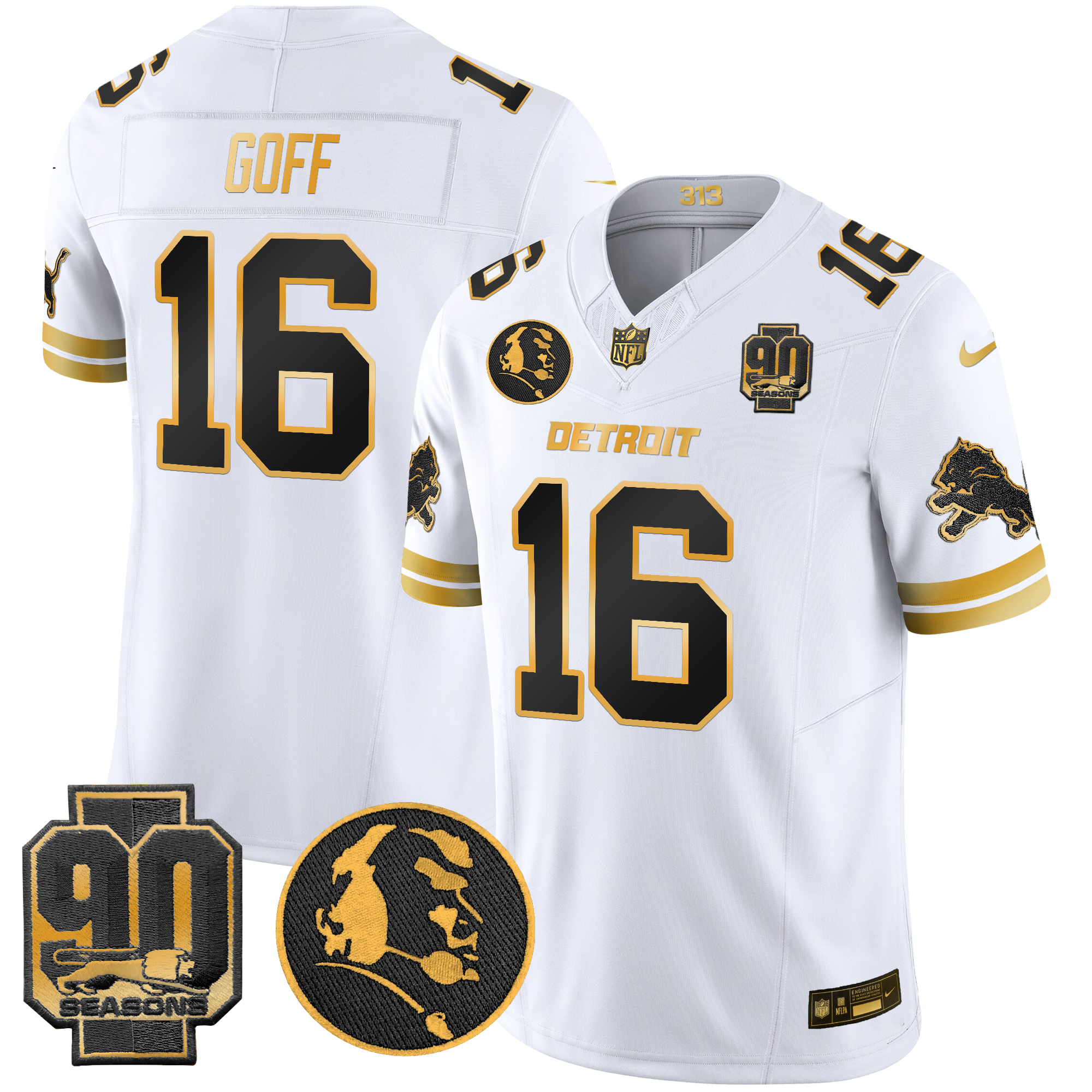 Jared Goff Men's Detroit Lions 2024 90th & John Madden Patch Gold Vapor Limited White Gold Jersey - All Stitched
