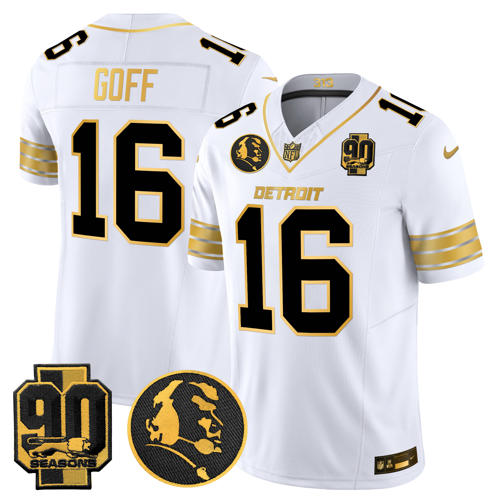 Jared Goff Men's Detroit Lions 2024 90th & John Madden Patch Gold Vapor Limited White Gold Jersey - All Stitched