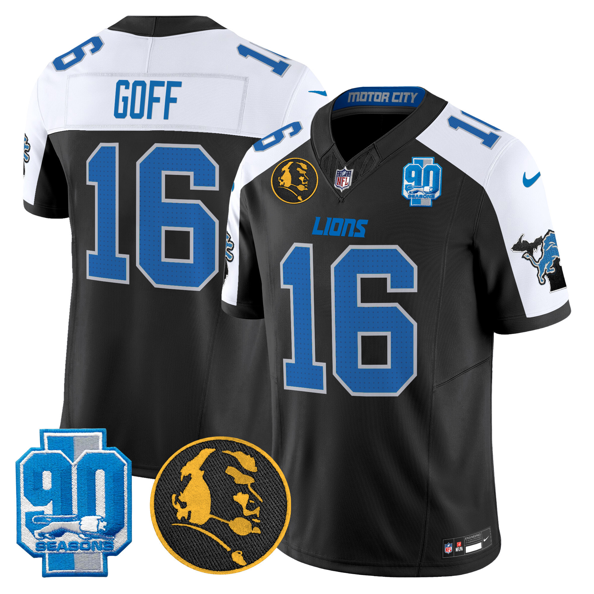 Jared Goff Men's Detroit Lions 2024 90th & John Madden Patch Vapor Limited Alternate Jersey - All Stitched