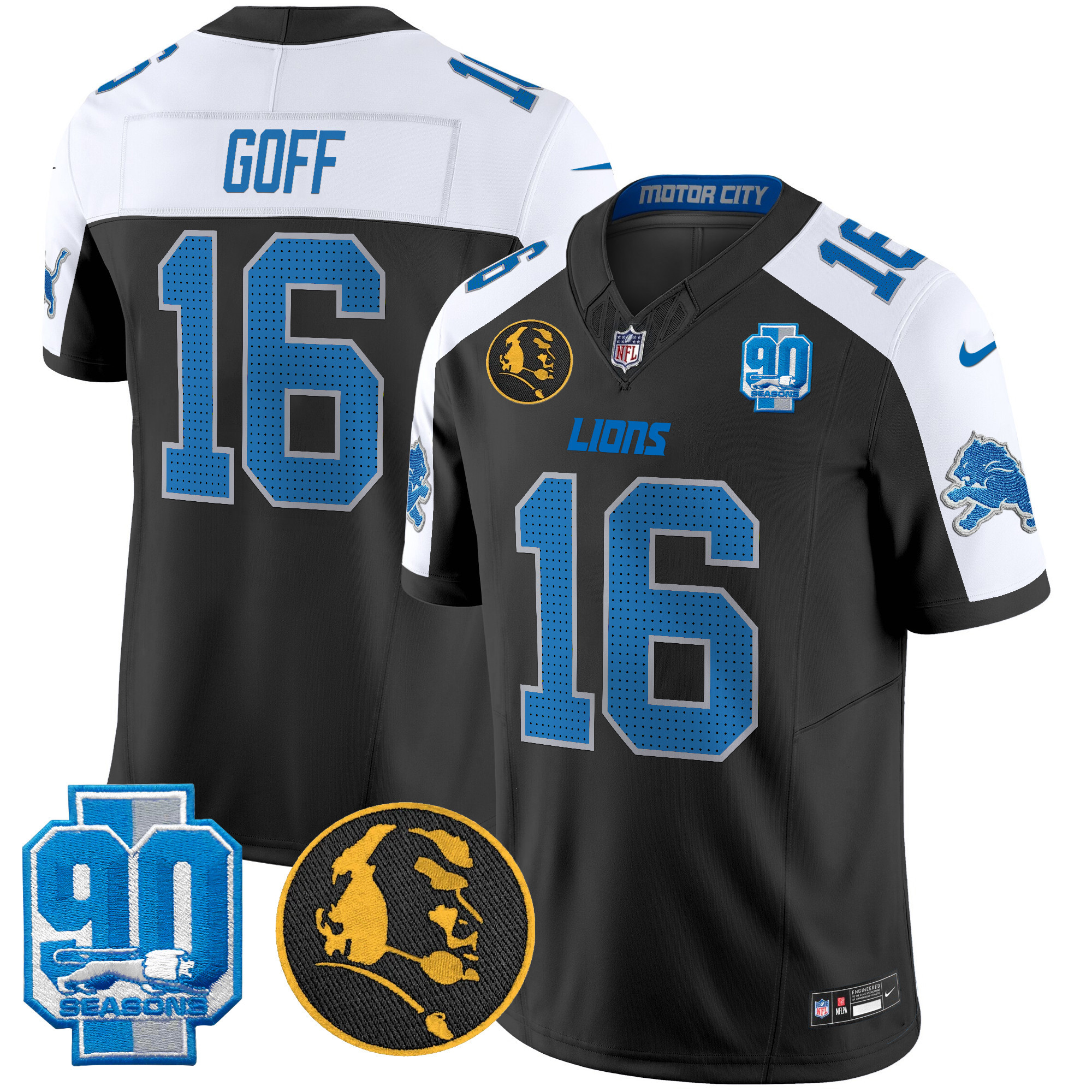 Jared Goff Men's Detroit Lions 2024 90th & John Madden Patch Vapor Limited Black Alternate Jersey - All Stitched